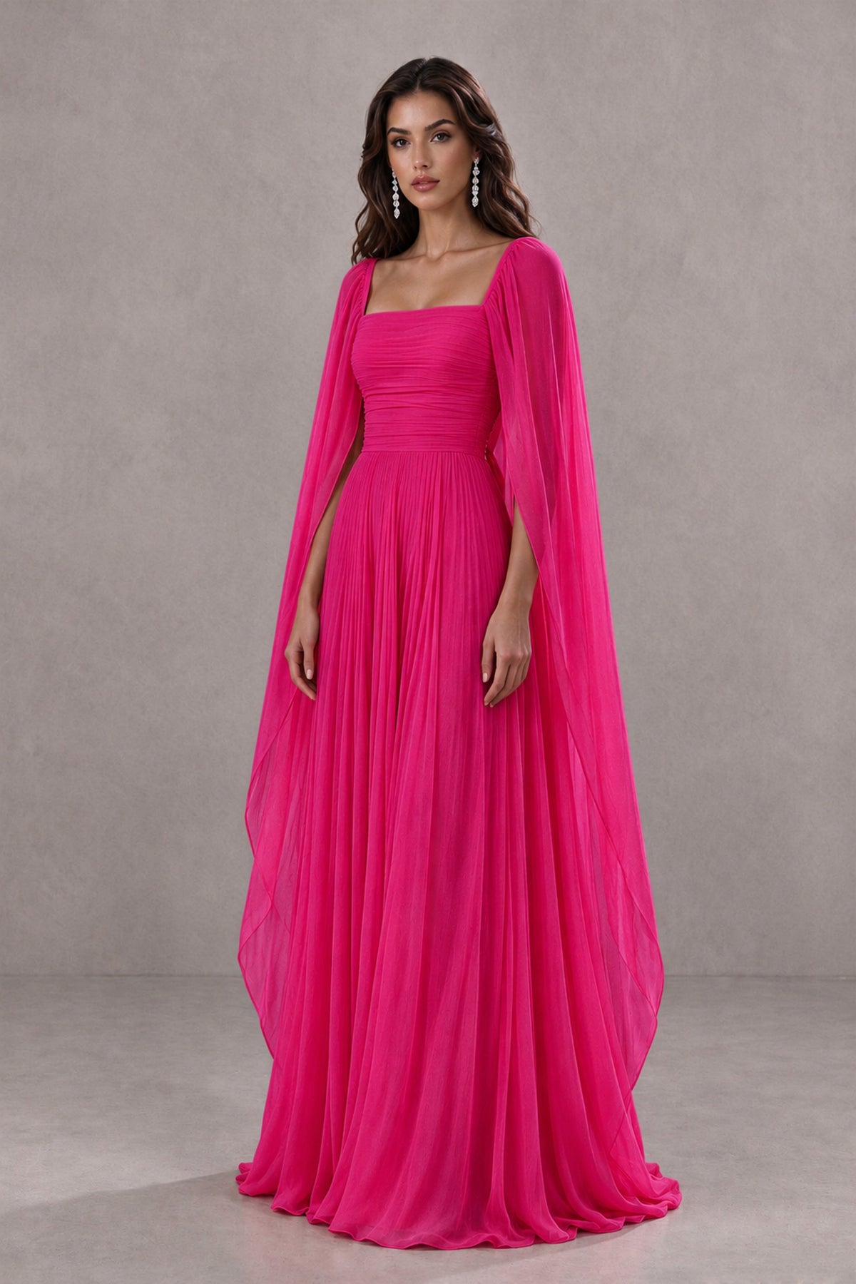 BOLODOO Hot Pink Square Neck Cape Sleeve A-Line Evening Dress - Hot Pink - Hot_Pink_3