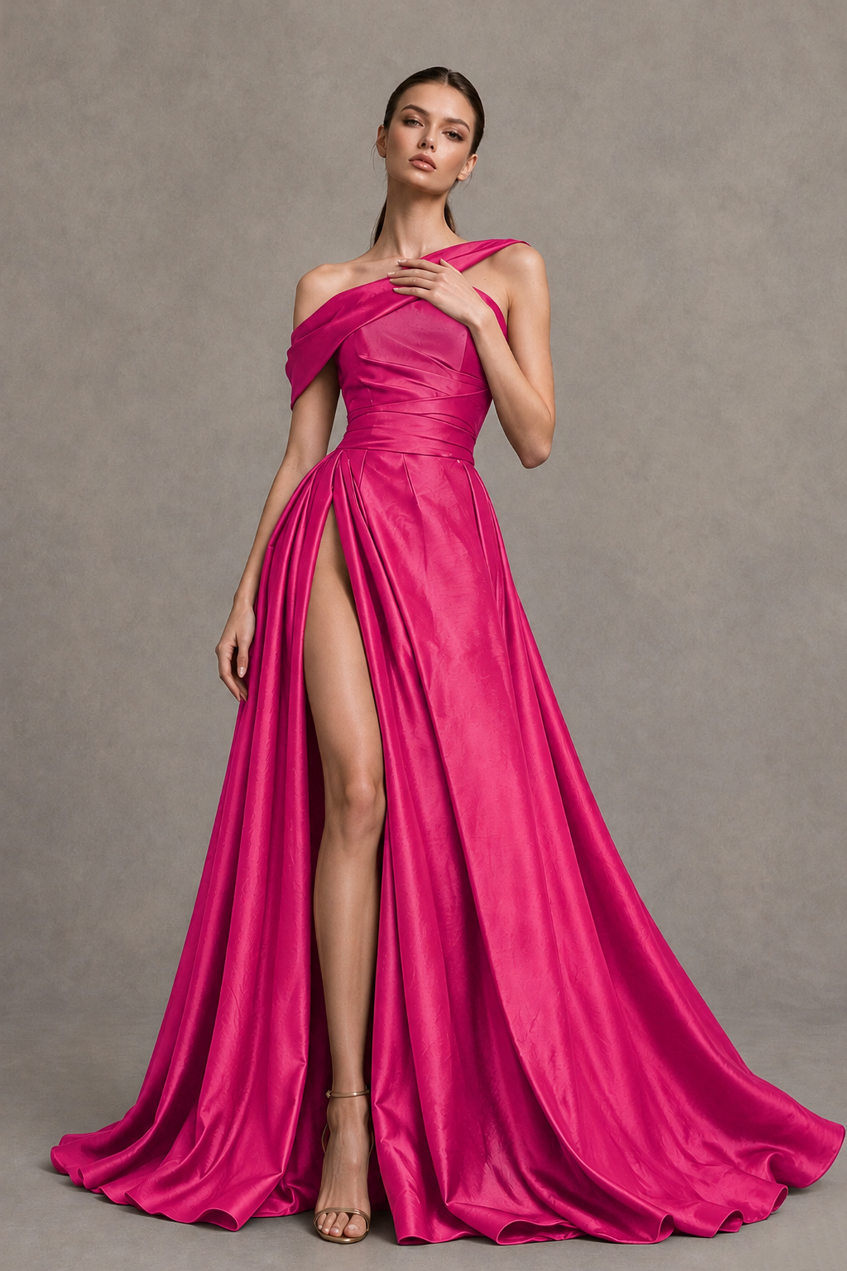 BOLODOO Hot Pink Asymmetric Satin-Look A-Line Prom Dress with High Slit - Hot Pink - Hot Pink_3