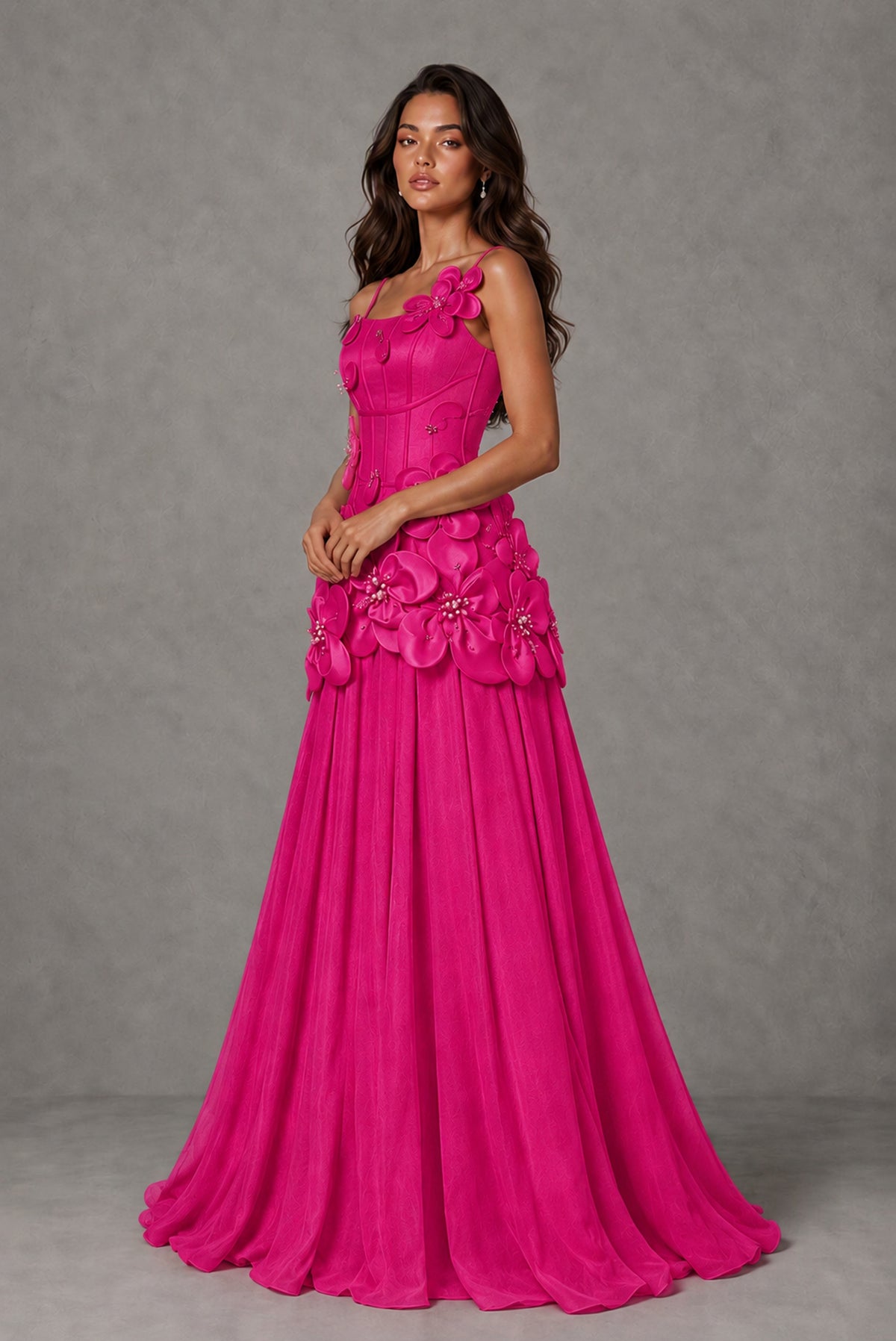 BOLODOO Hot Pink 3D Floral Appliqué Floor-Length A-Line Evening Gown - Hot Pink