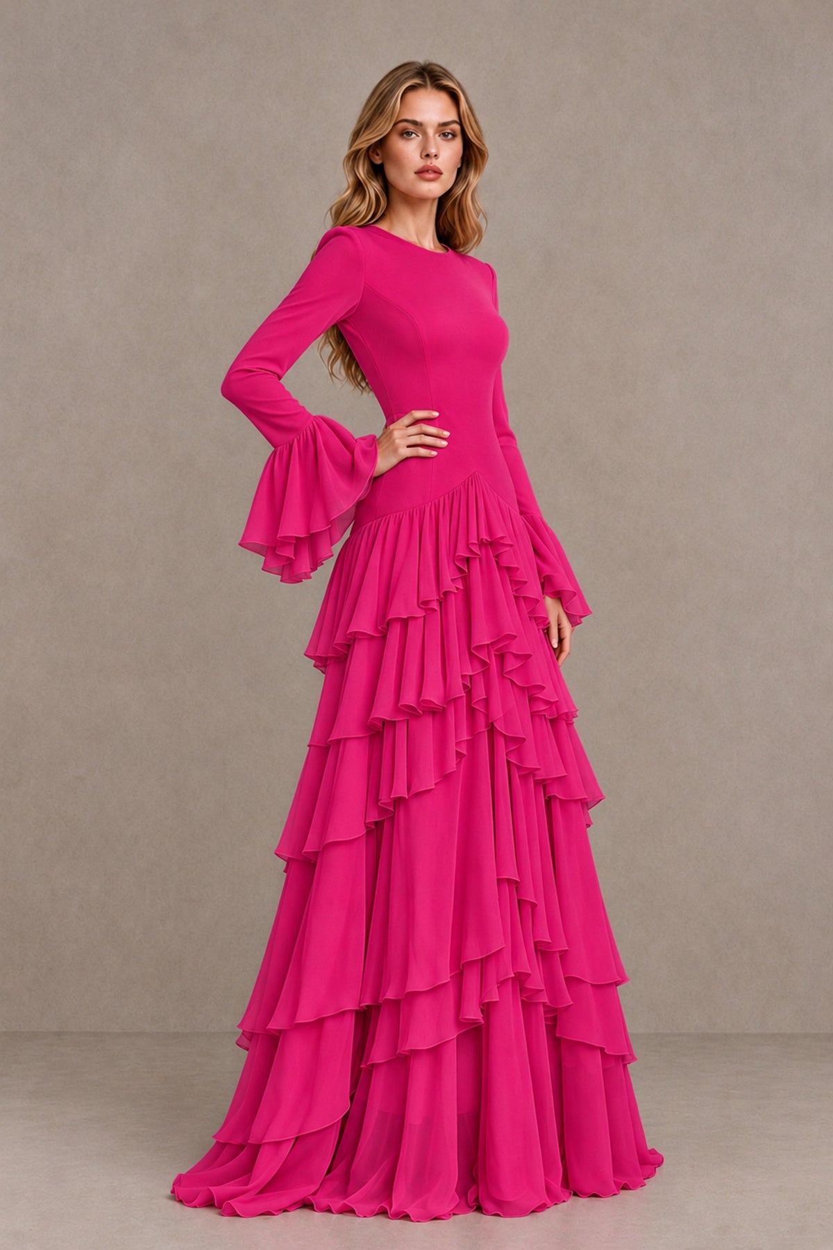 Hot Pink Long Sleeve Tiered Ruffle Evening Gown - Hot Pink - Hot Pink_3