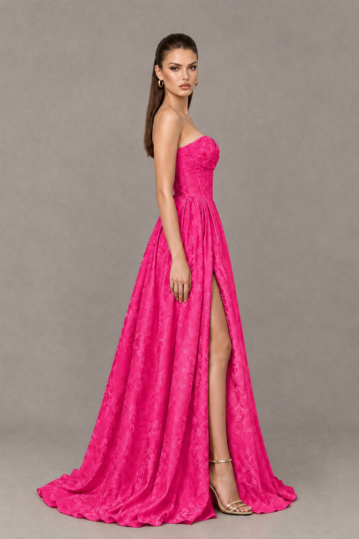 BOLODOO Hot Pink Strapless Sweetheart Corset Prom Dress with High Slit – Lace-Up Back A-Line Evening Gown - Hot Pink - Hot Pink_3