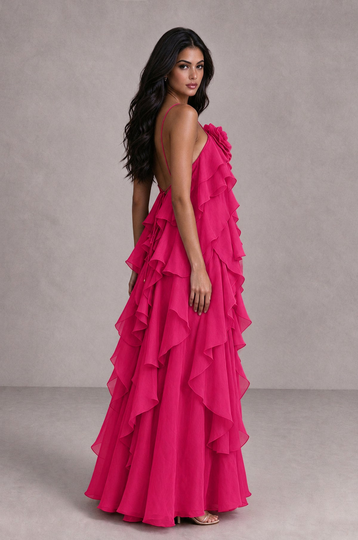 BOLODOO Hot Pink Cascading Ruffle Rosette Open-Back Maxi Dress - Hot Pink - Hot Pink_3