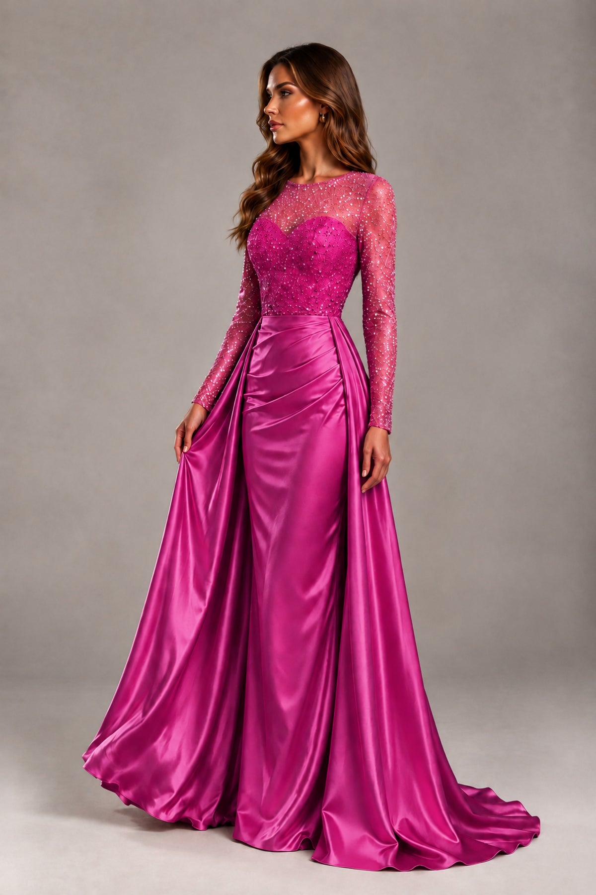 BOLODOO Hot Pink Long Sleeve Embellished Satin Evening Gown with Sweep Train - Hot Pink - Hot Pink_3