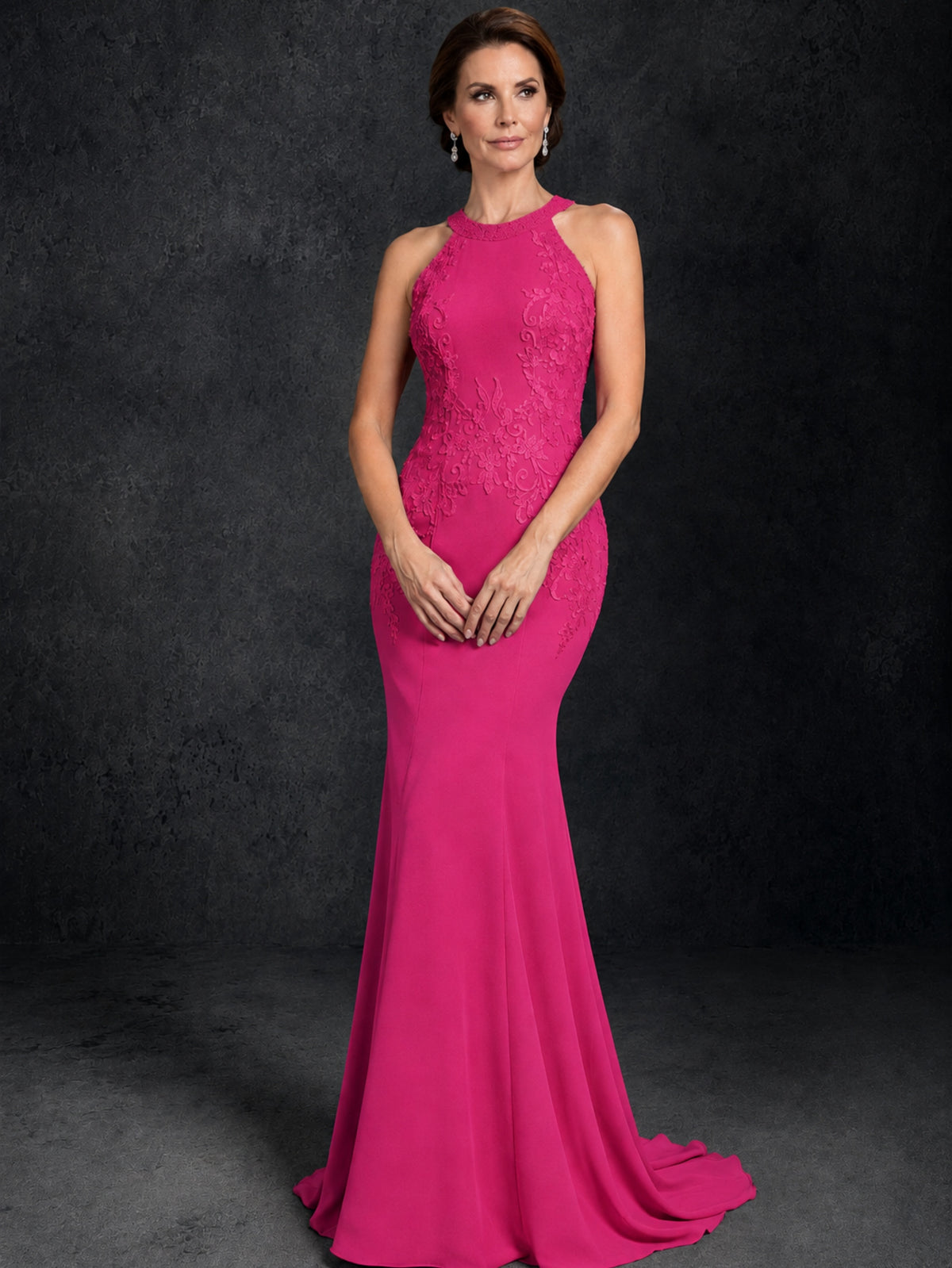 BOLODOO Hot Pink Lace Applique Halter Neck Sheer Back Mermaid Maxi Dress with Sweep Train - Hot Pink