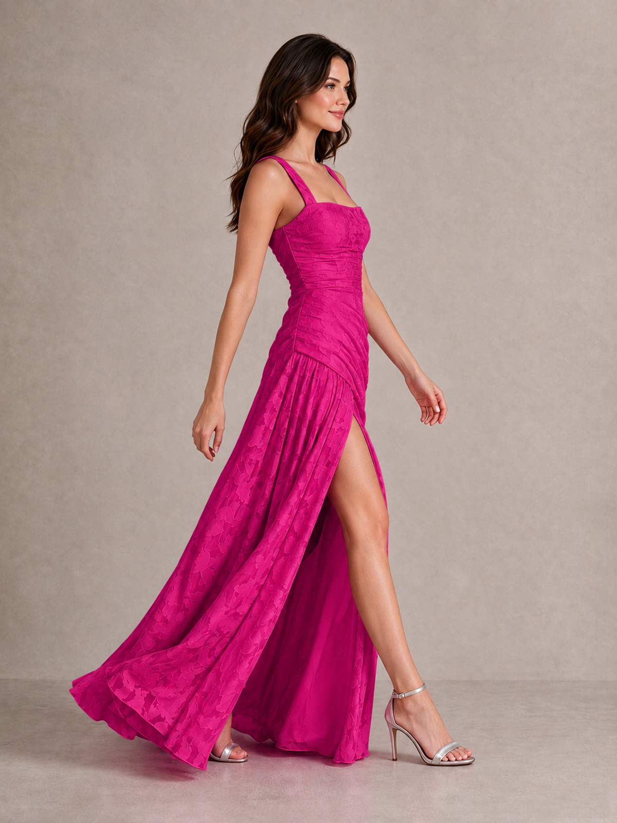 BOLODOO Hot Pink Floral Jacquard Bridesmaid Dress with Square Neck, Lace-Up Back & High Slit - Hot Pink - Hot Pink_3