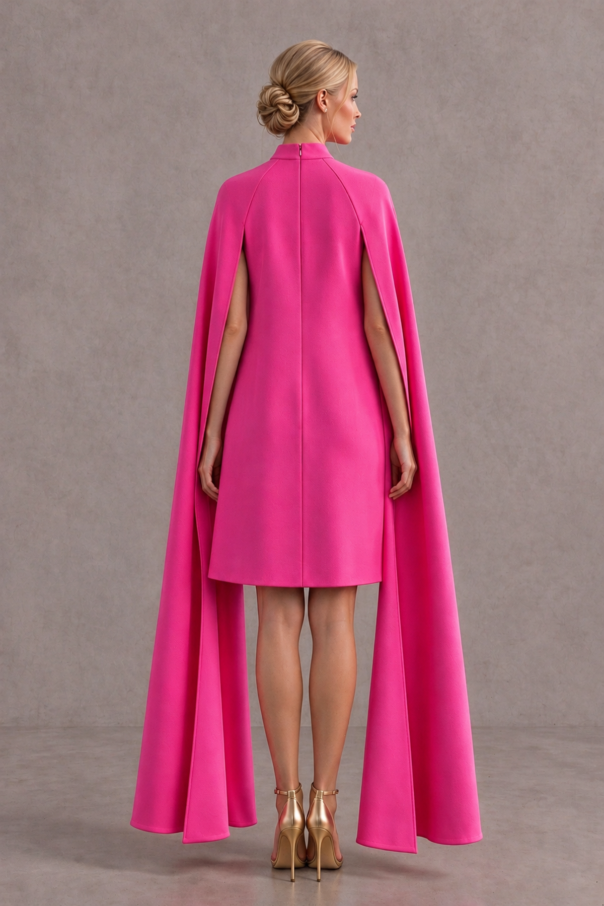 BOLODOO Hot Pink High Neck Floral Cape Mini Cocktail Dress - Hot Pink - Hot Pink_3
