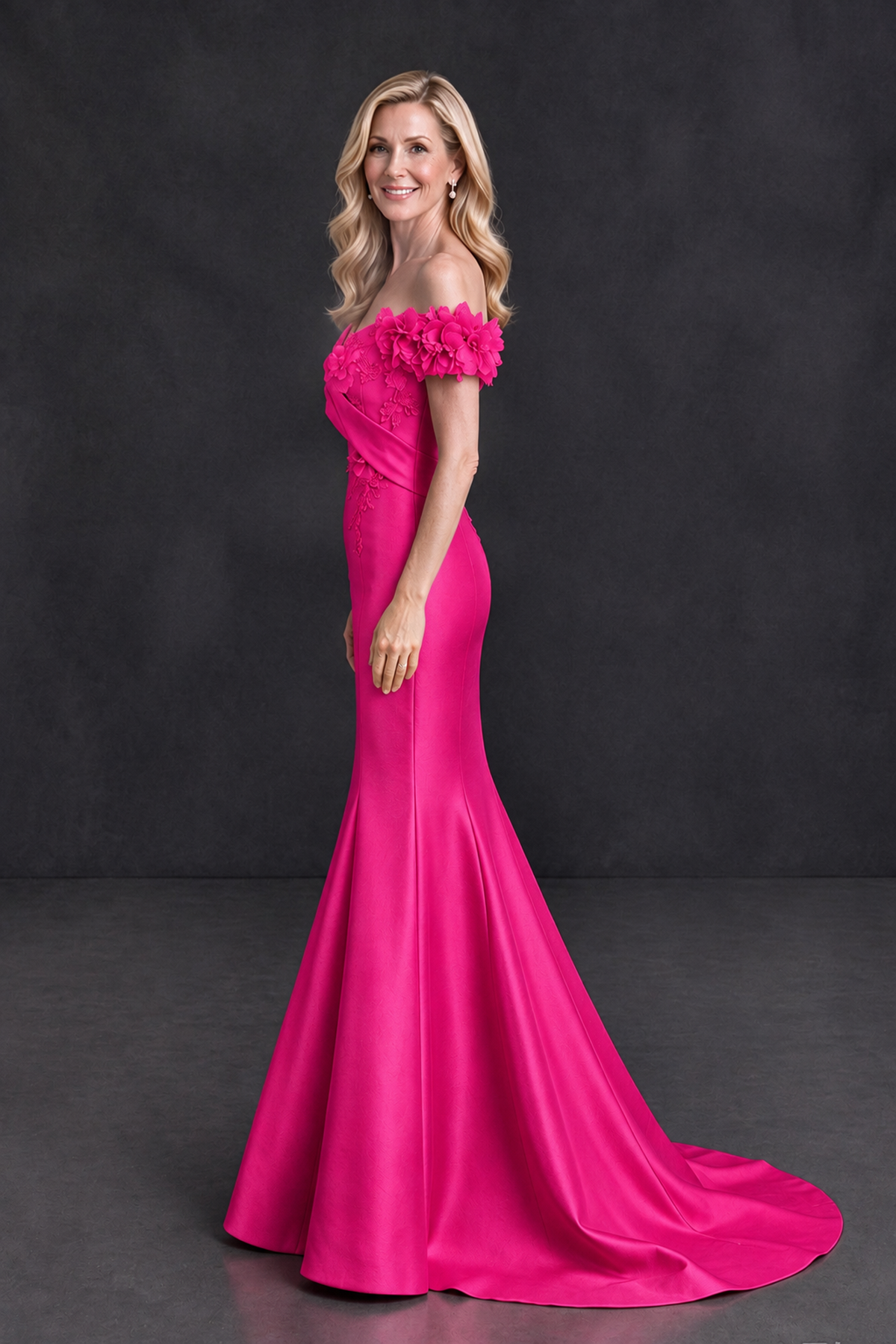 BOLODOO Hot Pink Off-Shoulder Floral Mermaid Mother of the Bride Dress - Hot Pink - Hot Pink_3