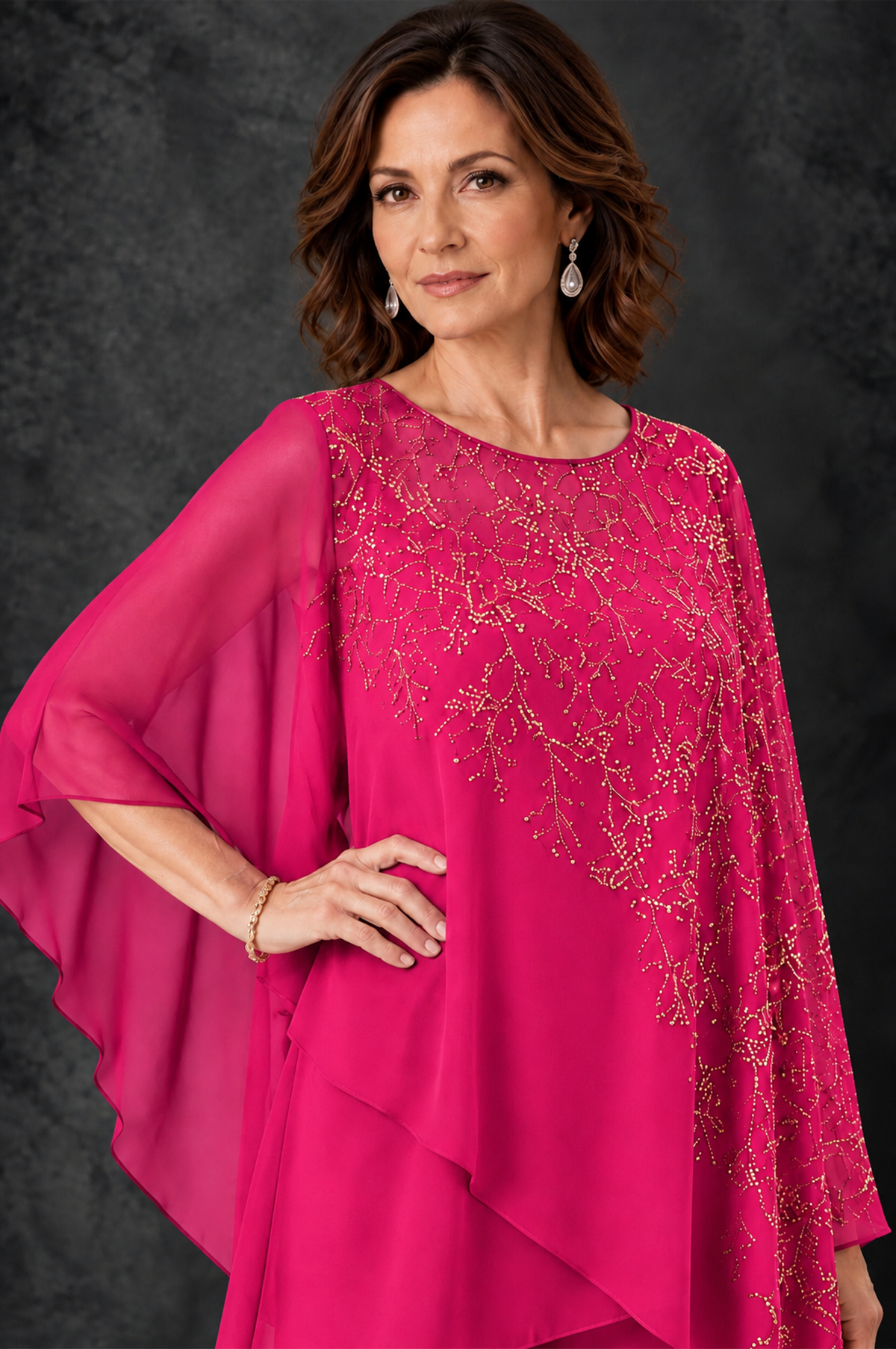 BOLODOO Hot Pink Embellished Cape Pant Suit for Mother of the Bride - Hot Pink - Hot_Pink_3
