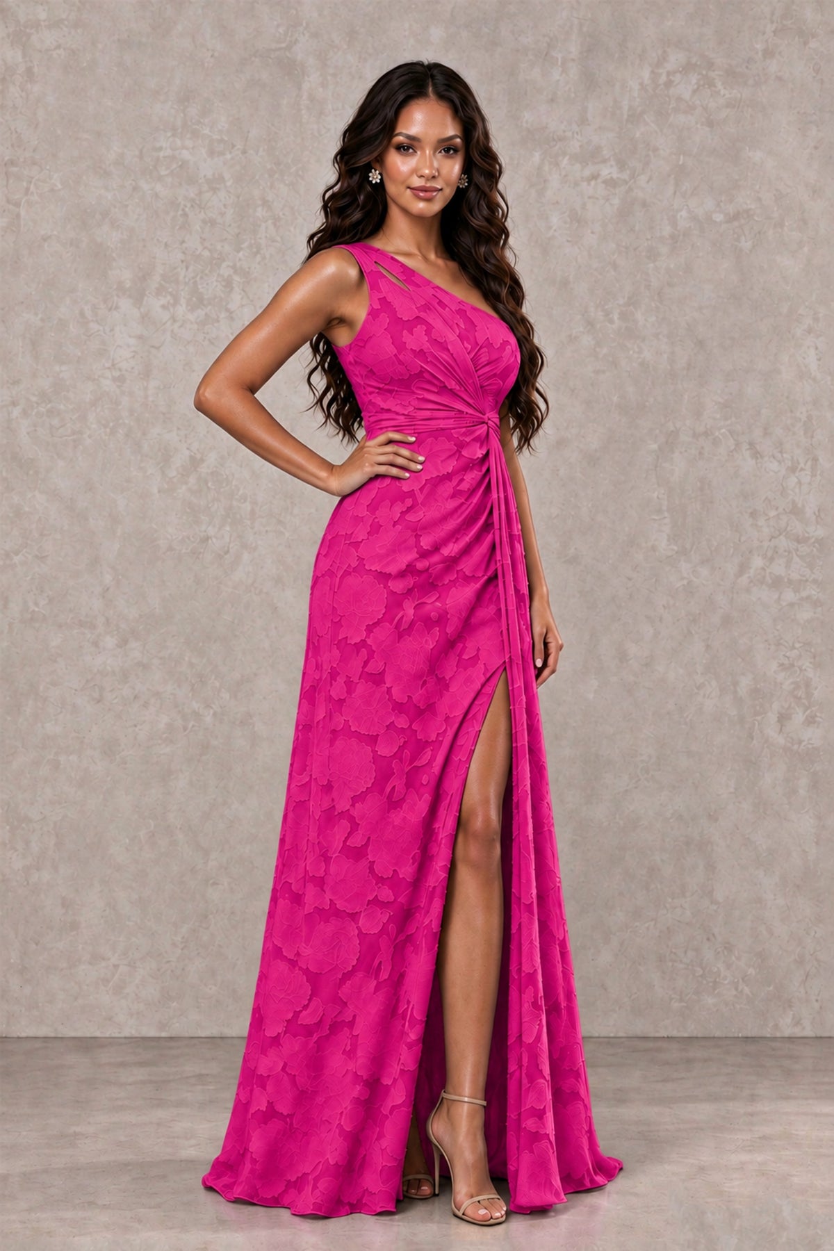 BOLODOO Hot Pink One-Shoulder Floral Textured Maxi Dress with High Slit - Hot Pink - Hot Pink_3