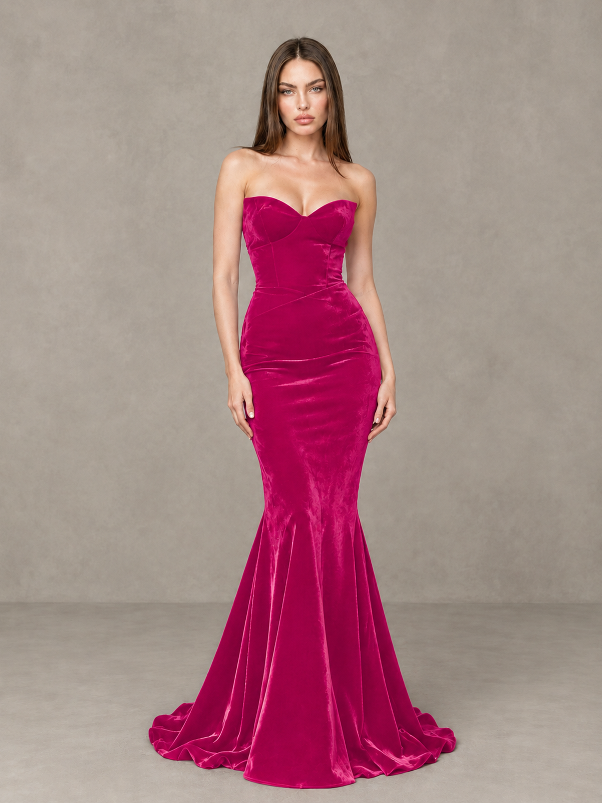 BOLODOO Hot Pink Strapless Sweetheart Velvet-Look Mermaid Evening Dress - Hot Pink - Hot Pink_3