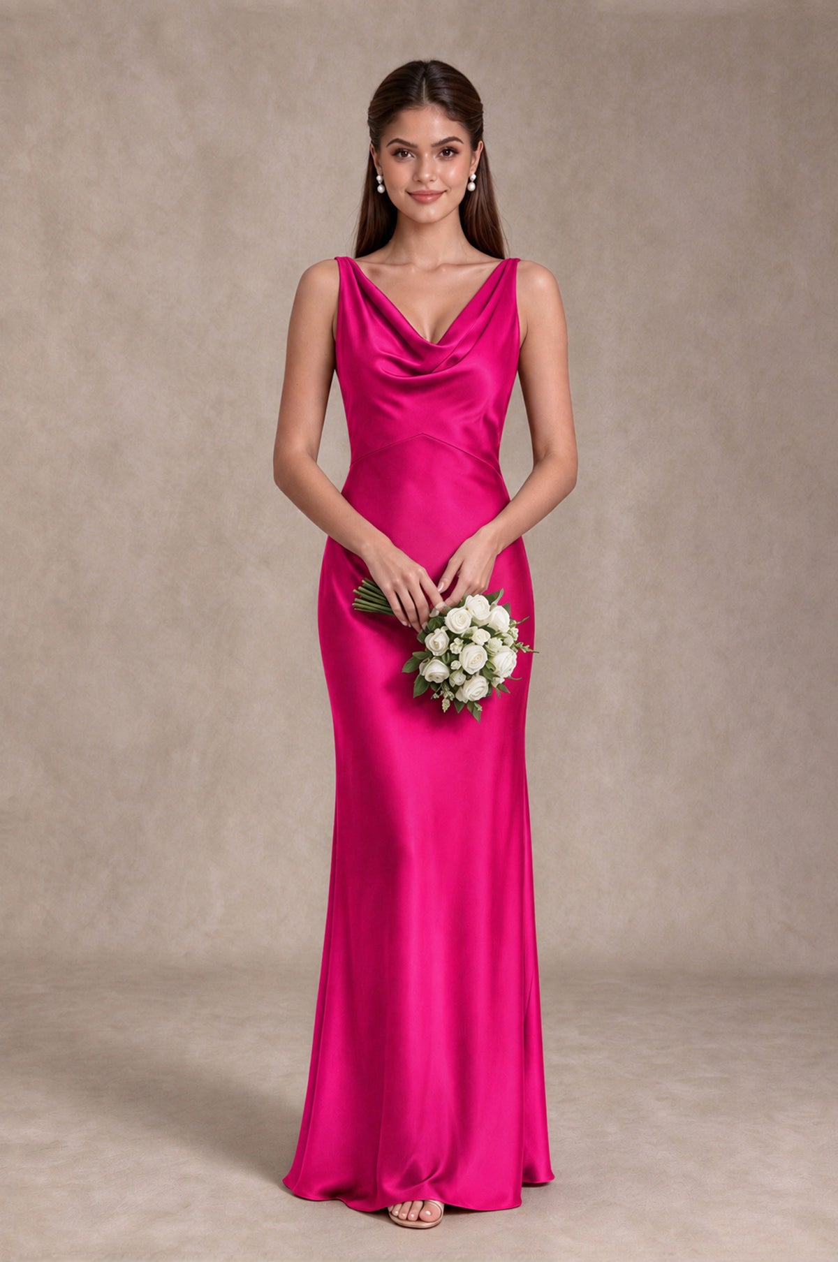 BOLODOO Hot Pink Cowl Neck Open Back Satin Bridesmaid Dress - Hot Pink - Hot Pink_3