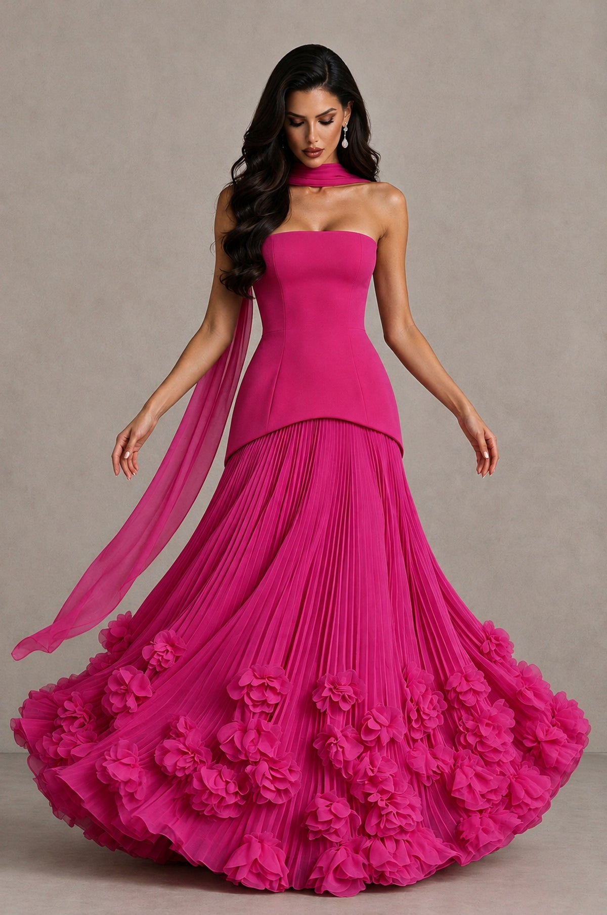 BOLODOO Hot Pink Strapless Pleated Floral Hem Evening Gown - Hot Pink - Hot Pink_3