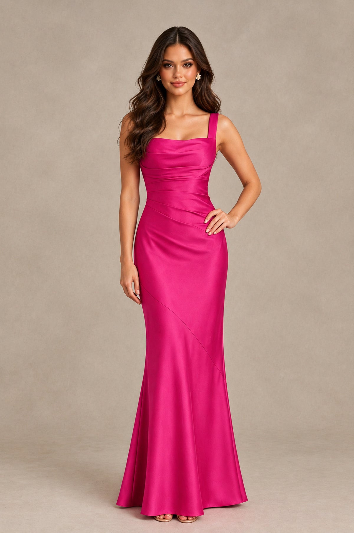 BOLODOO Hot Pink Square Neck Ruched Satin Lace-Up Bridesmaid Dress - Hot Pink - Hot Pink_3