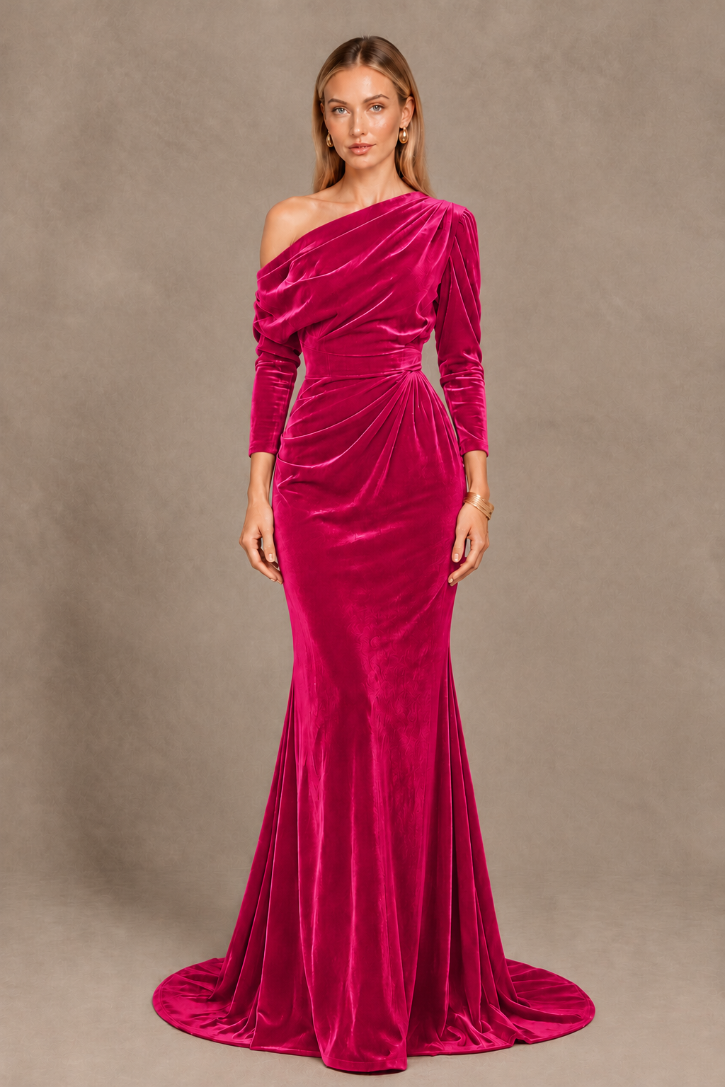 BOLODOO Hot Pink Velvet Asymmetric Neck Mermaid Evening Dress - Hot Pink - Hot Pink_3