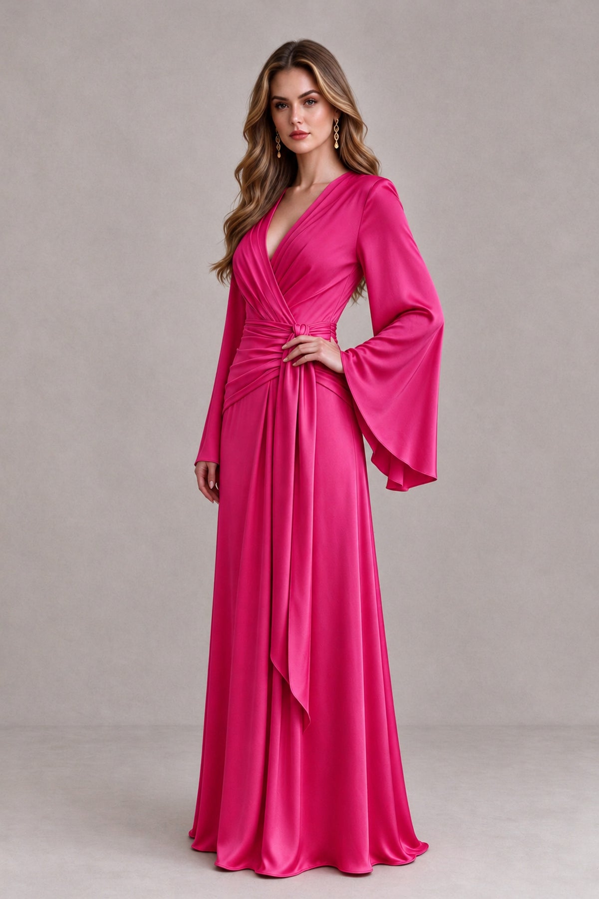 BOLODOO Hot Pink Yellow Satin-Look V-Neck Long Bell Sleeve Evening Dress - Hot Pink - Hot_Pink_3