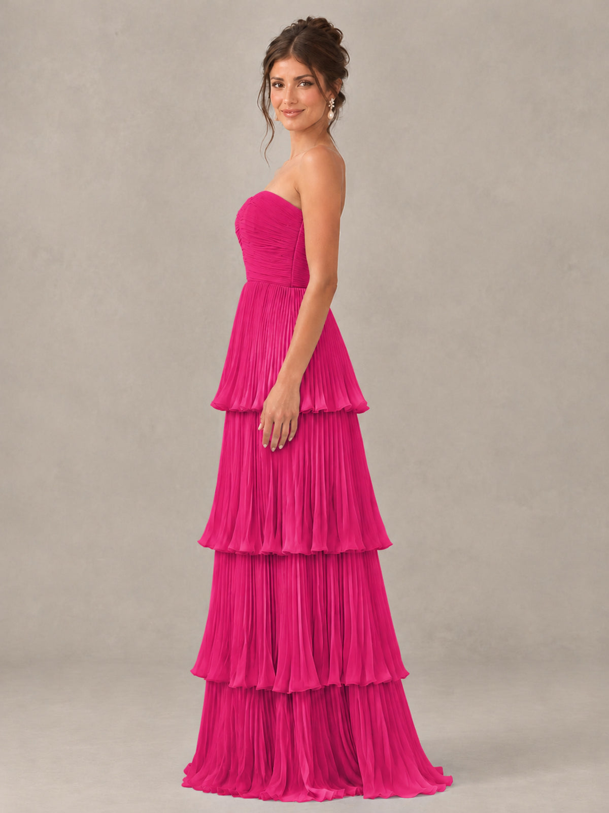 BOLODOO Hot Pink Strapless Tiered Pleated Bridesmaid Dress - Hot Pink - Hot Pink_3