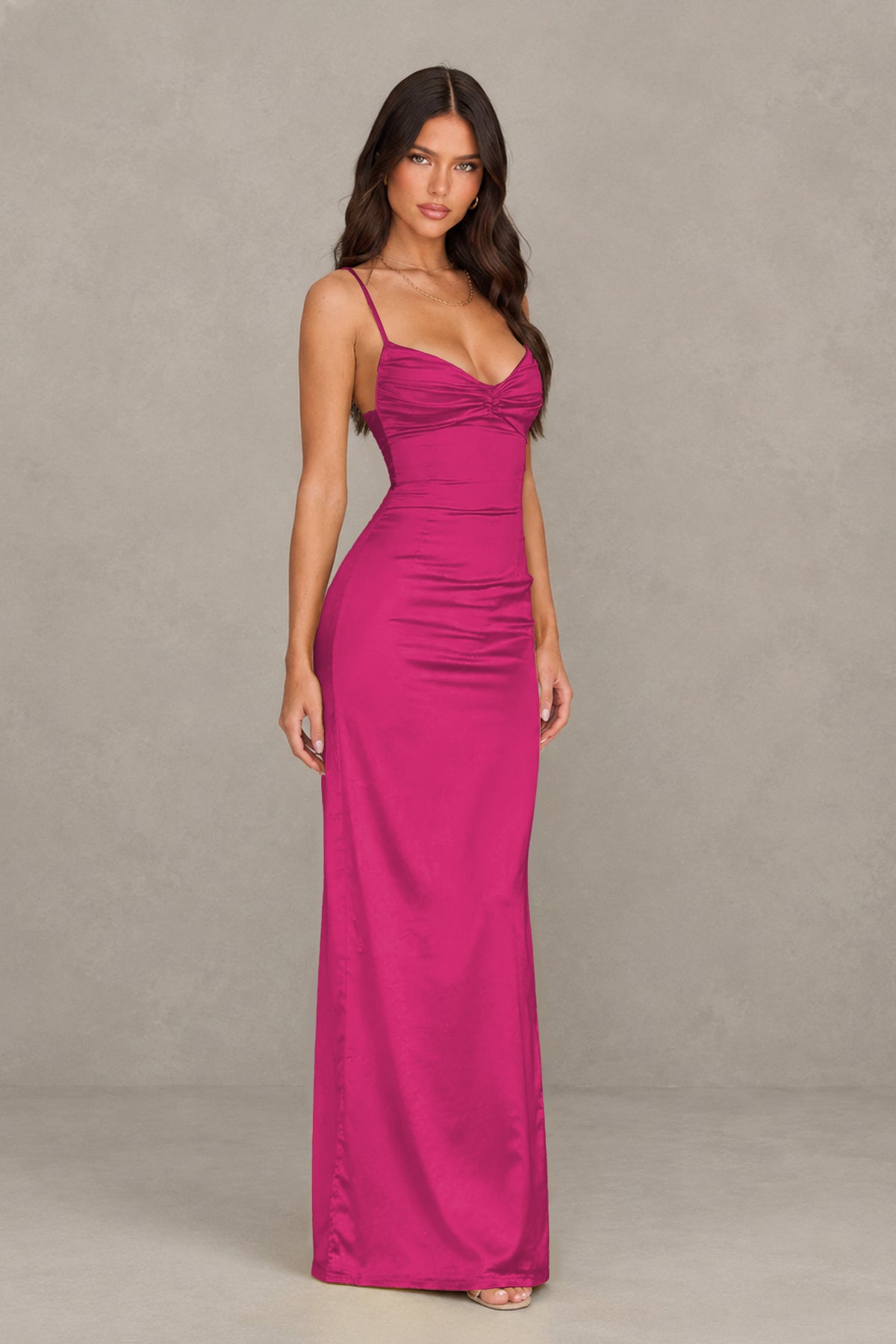 BOLODOO Hot Pink Satin Cowl Neck Open Back Mermaid Maxi Dress with Side Slit - Hot Pink