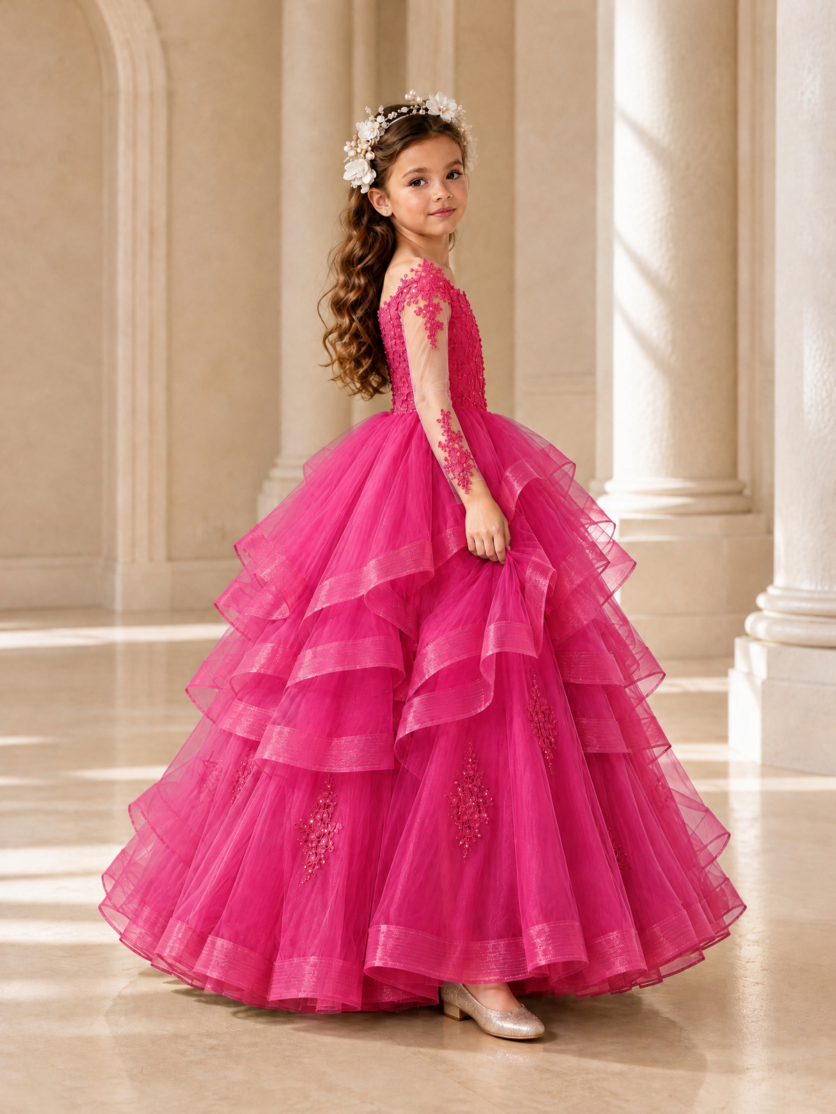 BOLODOO Hot Pink Lace Long Sleeve Tiered Flower Girl Dress - Hot Pink - Hot_Pink_3
