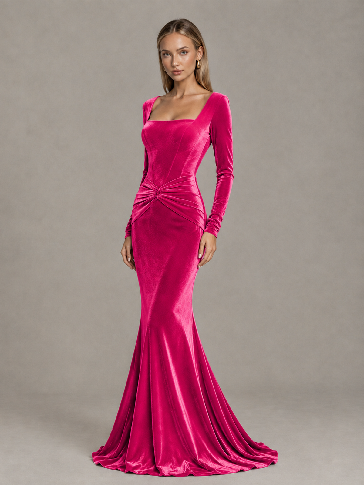 BOLODOO Hot Pink Velvet-Look Square Neck Long Sleeve Mermaid Evening Dress - Hot Pink - Hot Pink_3