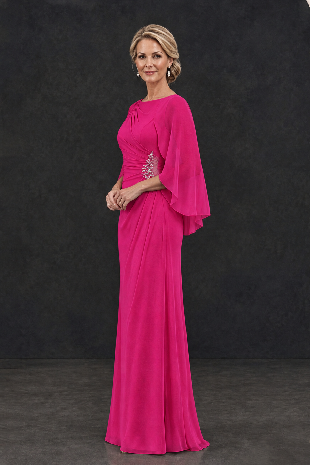 BOLODOO Hot Pink Cape Sleeve Mother of the Bride Dress with Ruched Waist - Hot Pink - Hot Pink_3