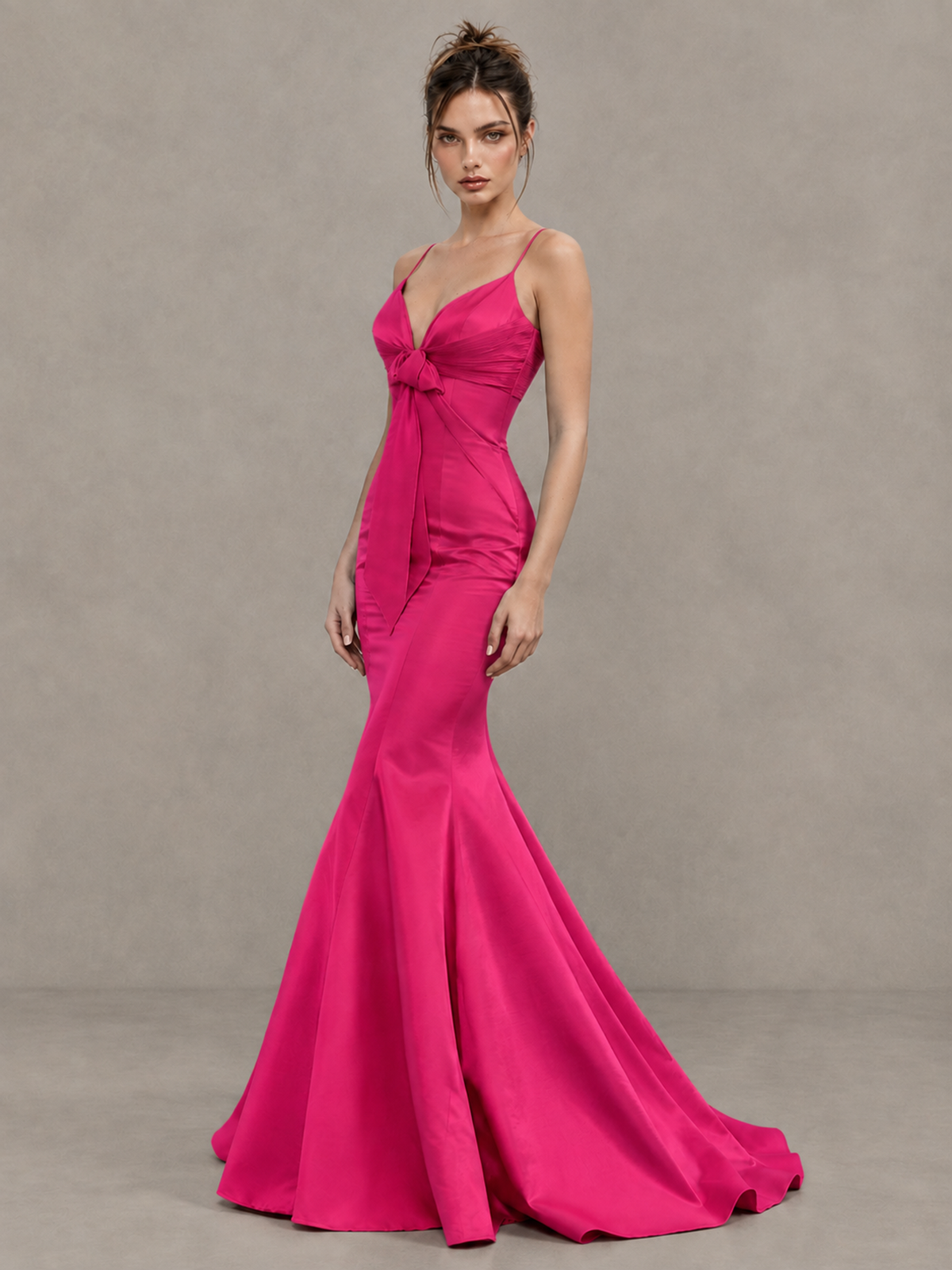 BOLODOO Hot Pink Satin-Look Mermaid Prom Dress with Bow - Hot Pink - Hot Pink_3