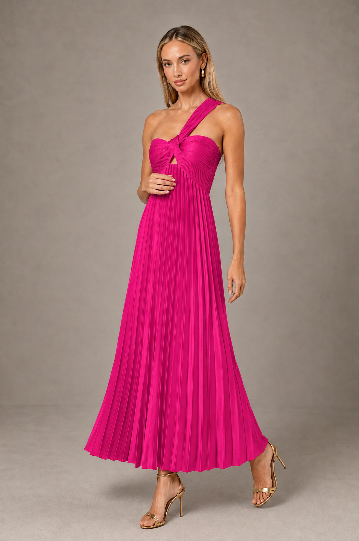 BOLODOO Hot Pink One-Shoulder Twist Knot Pleated Satin Midi Dress with Cutout - Hot Pink - Hot_Pink_3