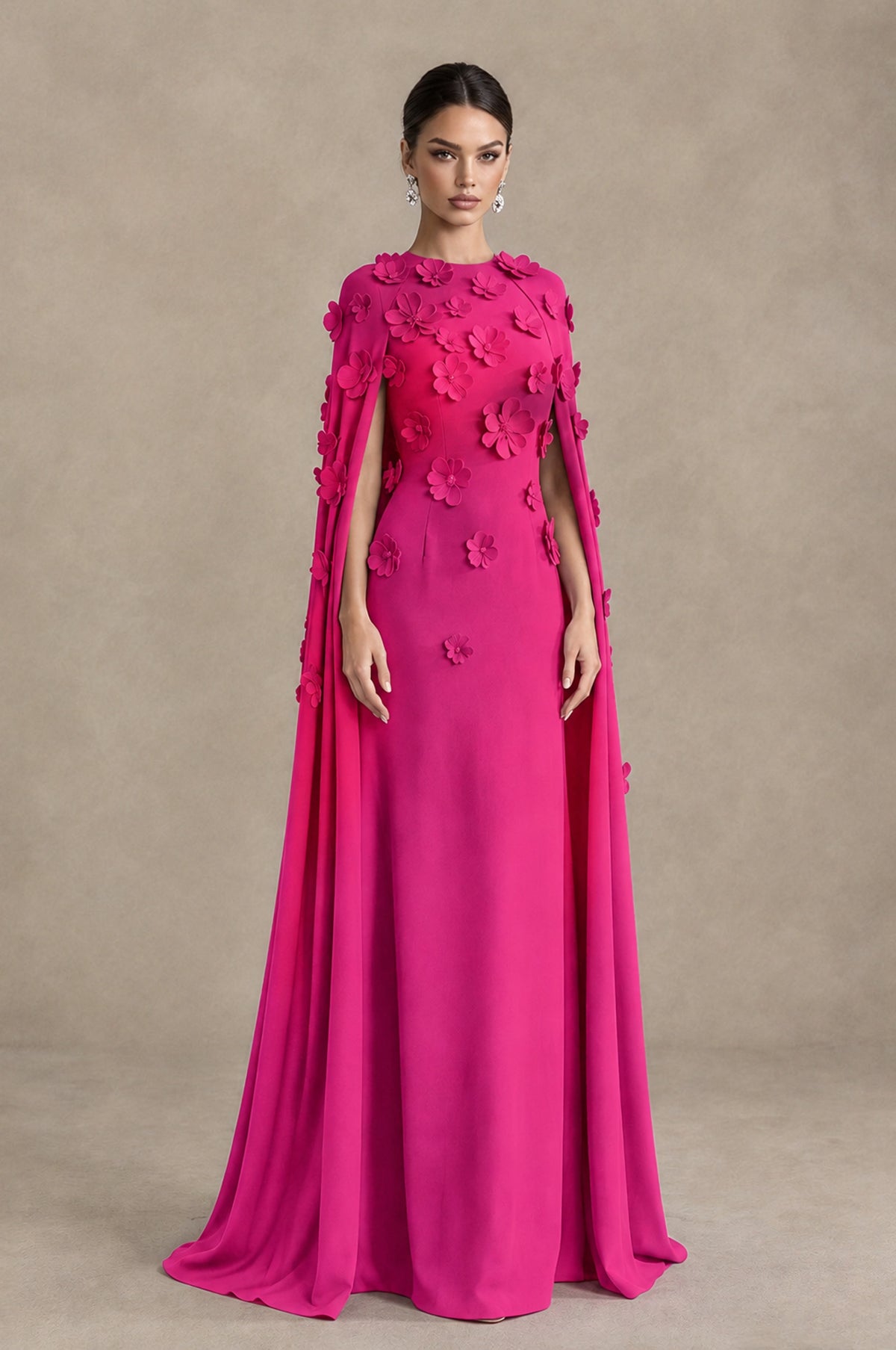 BOLODOO Hot Pink 3D Floral Applique Cape Formal Dress - Hot Pink - Hot Pink_3