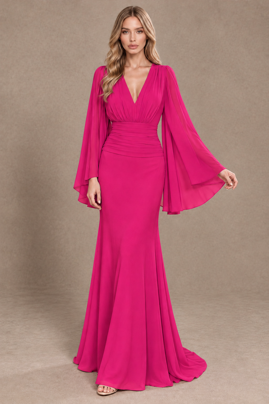 BOLODOO Hot Pink Cape Sleeve V-Neck Ruched Chiffon Evening Dress - Hot Pink - Hot_Pink_3