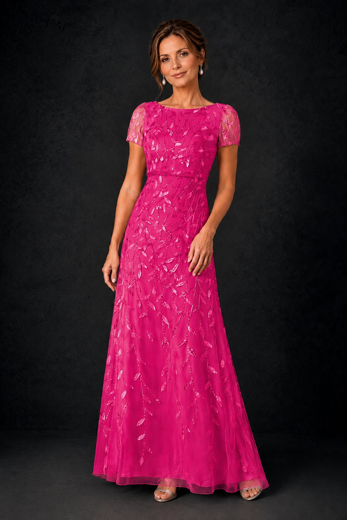BOLODOO Hot Pink Leaf Embroidered A-Line Formal Gown with Cap Sleeves - Hot Pink - Hot_Pink_3