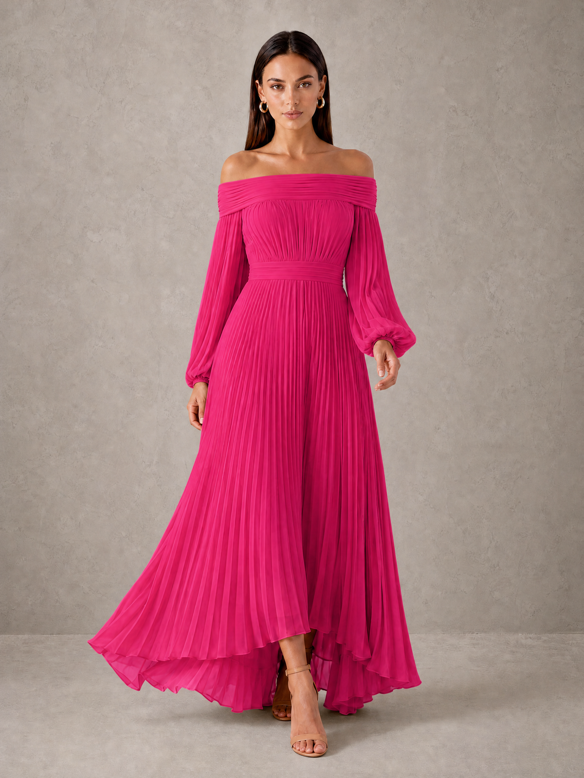 BOLODOO Hot Pink Off-Shoulder Long Sleeve Pleated High-Low Dress - Hot Pink - Hot_Pink_3