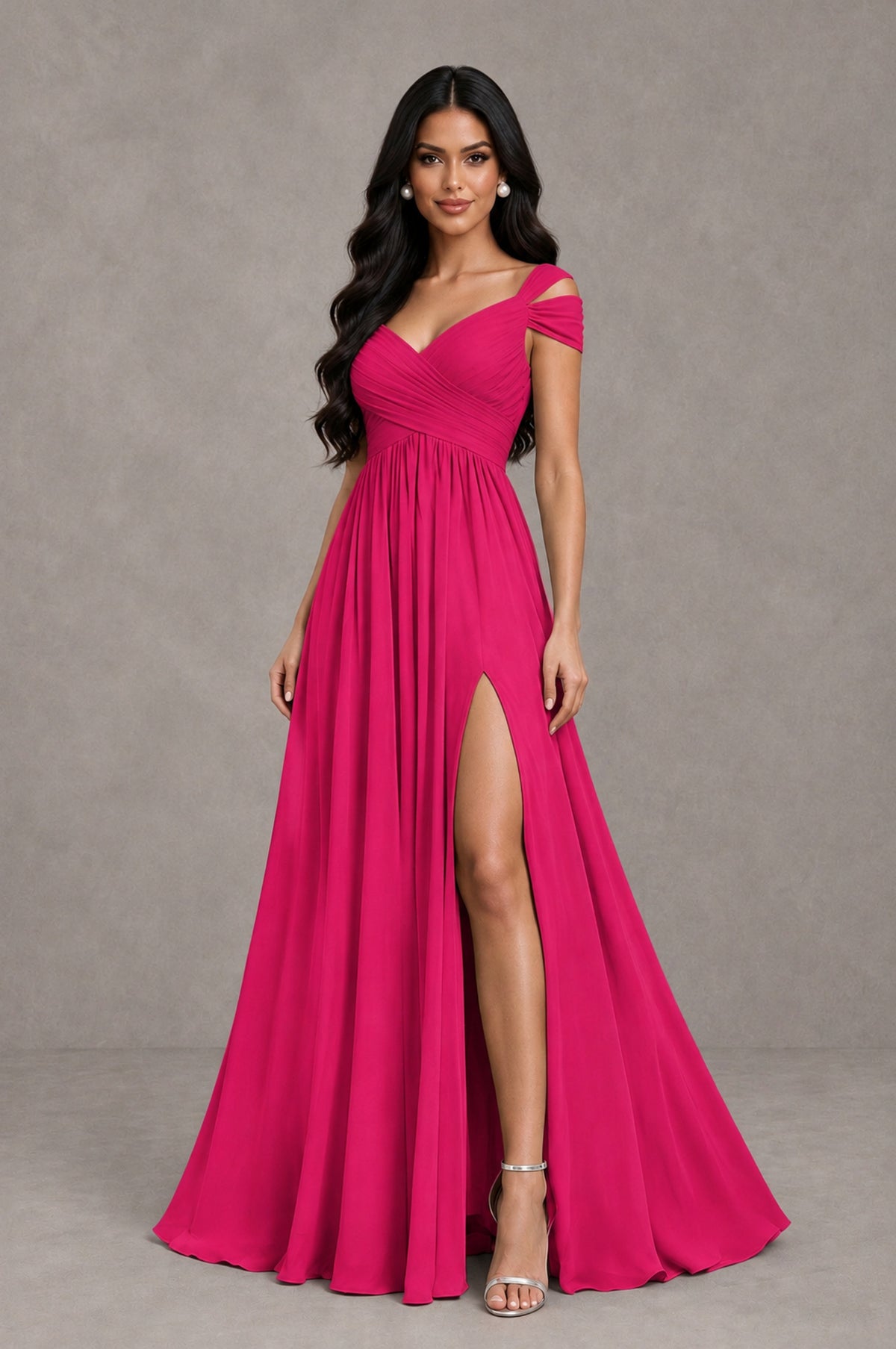 BOLODOO Hot Pink Cold Shoulder Chiffon Evening Dress with V Neck and High Slit - Hot Pink - Hot Pink_3