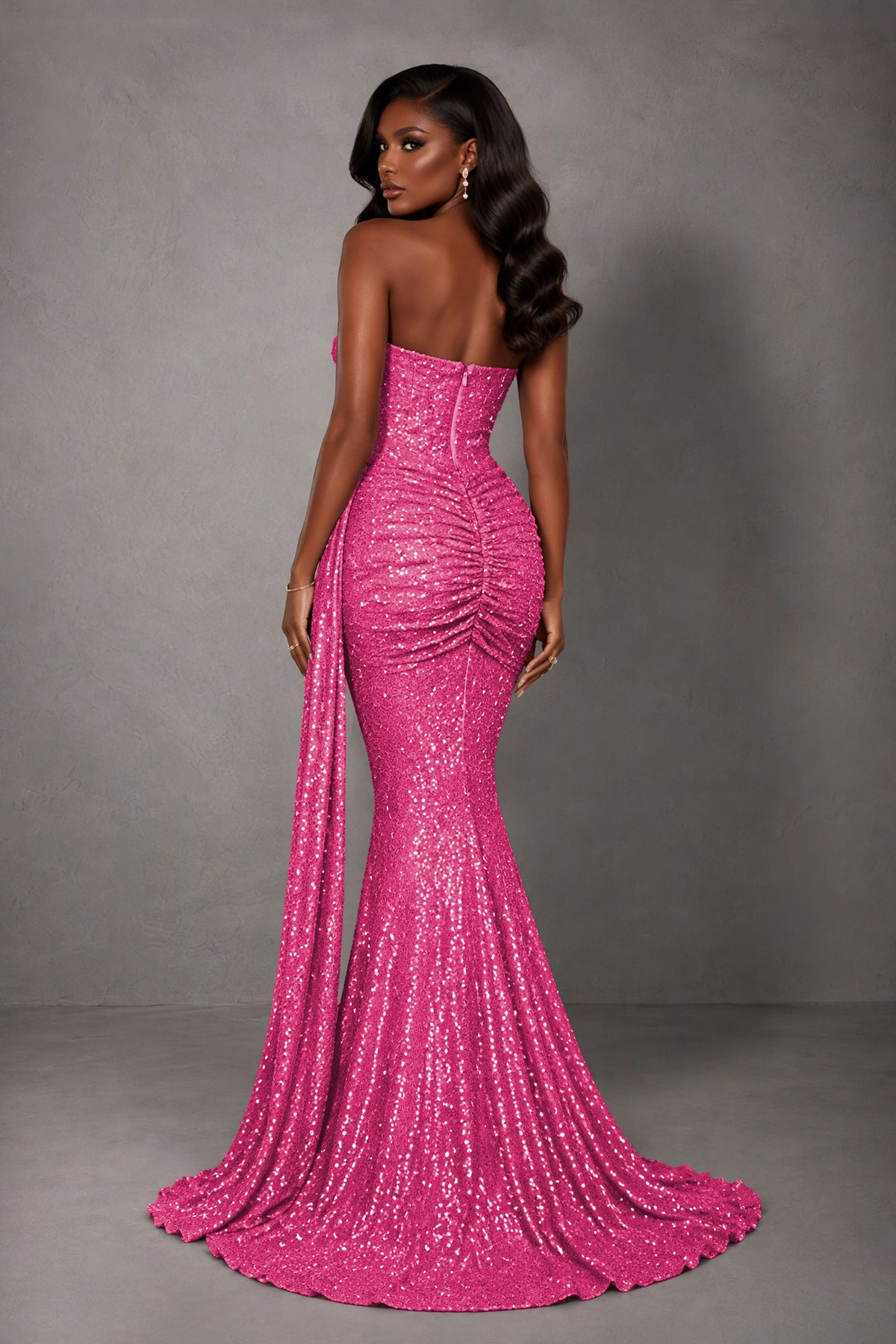 BOLODOO Hot Pink Sequin Strapless Corset Mermaid Evening Gown with Train - Hot Pink