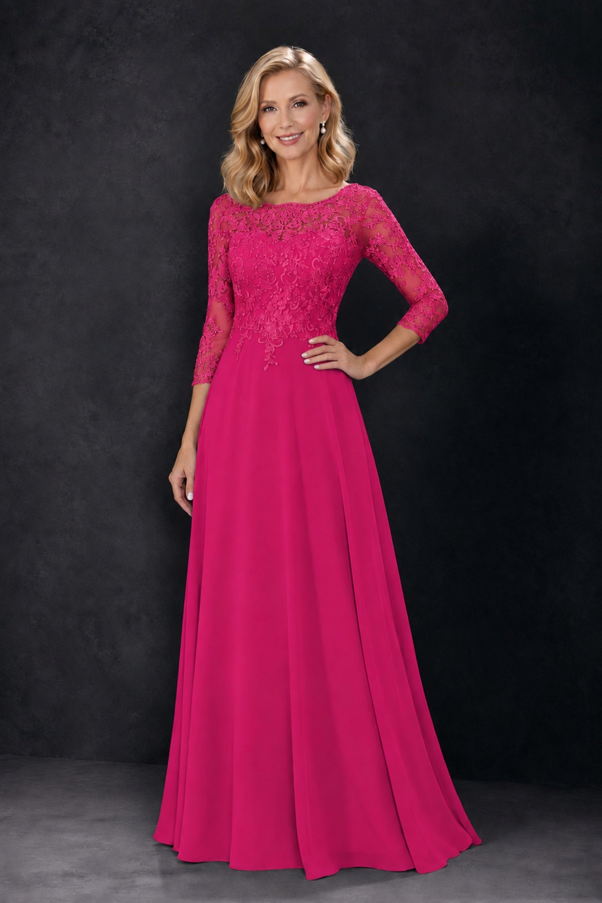 BOLODOO Hot Pink Lace Embroidered Mother of the Bride Dress with 3/4 Sleeves - Hot Pink