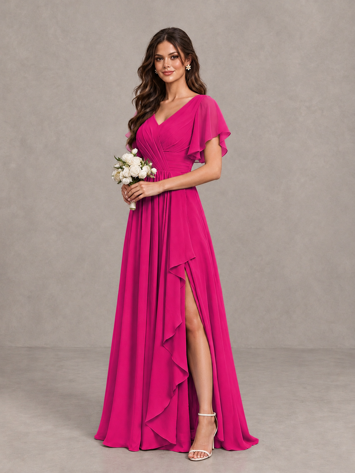 BOLODOO Hot Pink Flutter Sleeve V-Neck Bridesmaid Dress with Ruffle Slit - Hot Pink - Hot Pink_3