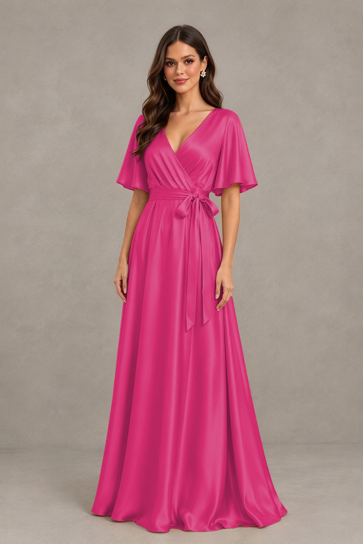 BOLODOO Hot Pink Satin V-Neck Flutter Sleeve Bridesmaid Dress with Slit - Hot Pink - Hot Pink(3)