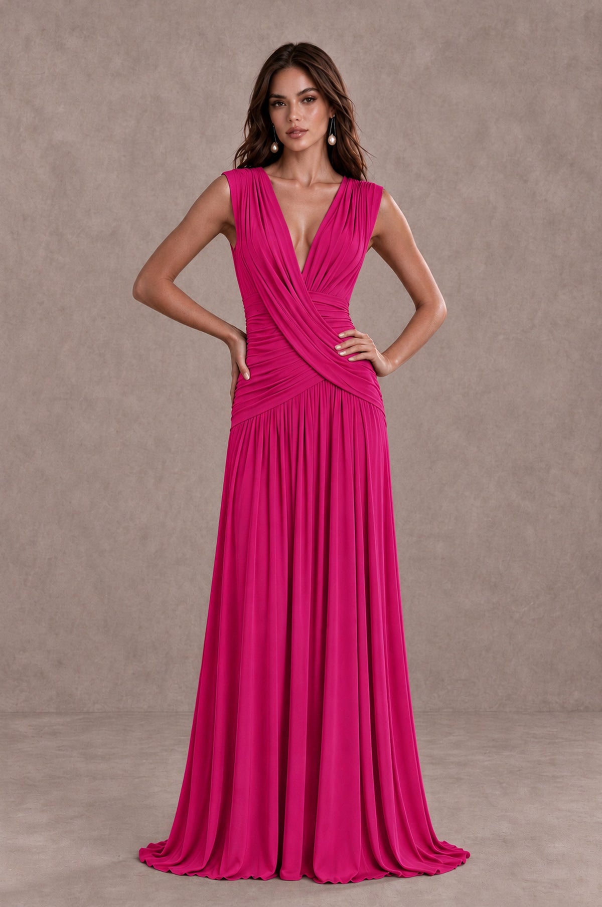 BOLODOO Hot Pink V-Neck Ruched Wedding Guest Dress - Hot Pink - Hot Pink_3