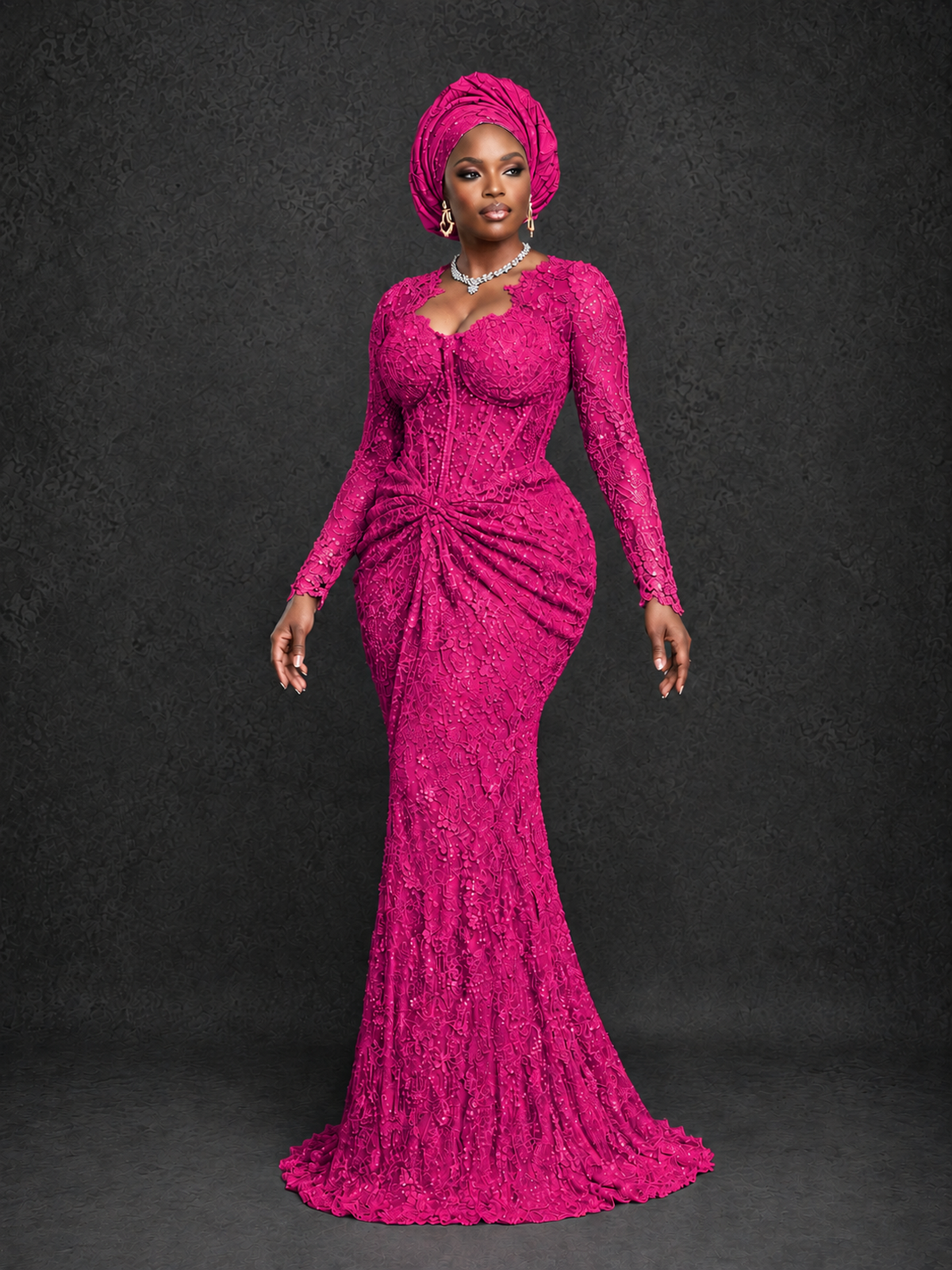 BOLODOO Hot Pink Beaded Lace Long Sleeve Mermaid Gown Sweetheart | Mother of the Bride - Hot Pink - Hot Pink_3