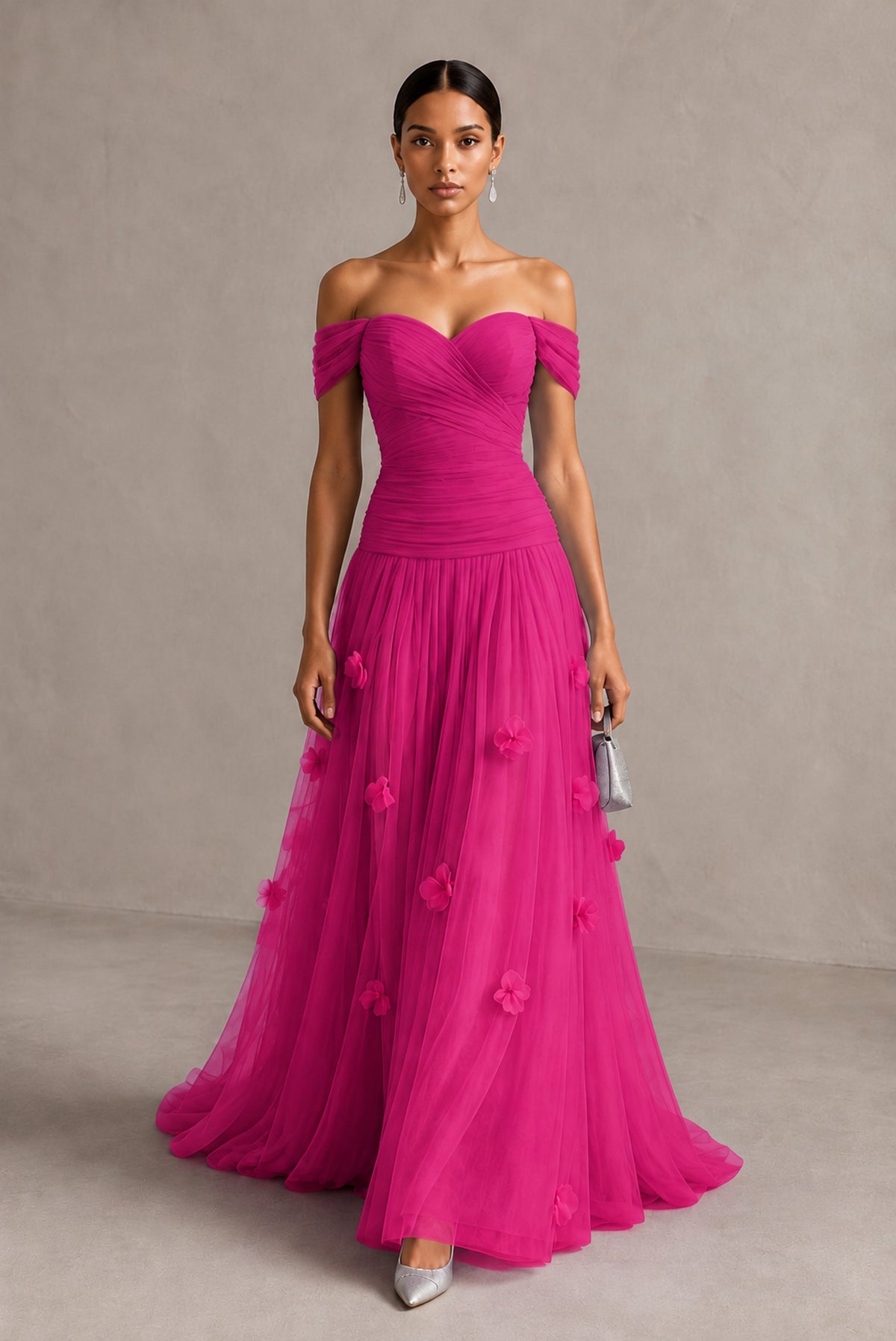 Hot Pink Off-Shoulder Sweetheart A-Line Tulle Gown with 3D Floral Appliques | BOLODOO - Hot Pink