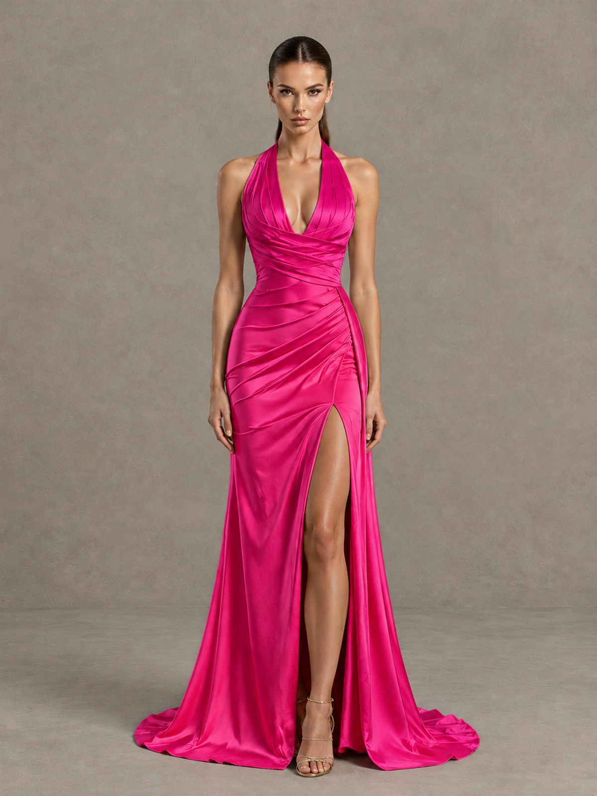 BOLODOO Hot Pink Halter Satin Evening & Prom Dress with High Slit - Hot Pink - Hot Pink_3