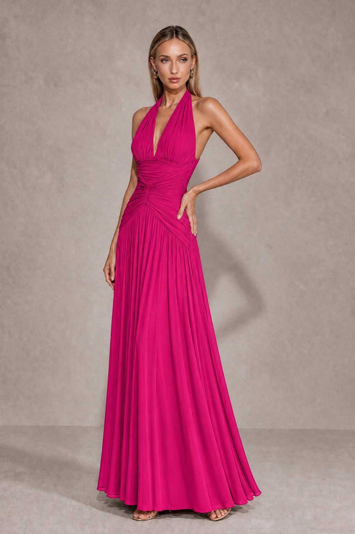 BOLODOO Hot Pink Chiffon Halter Deep V-Neck Ruched A-Line Backless Maxi Dress with Train-BD0167 - Hot Pink - Hot Pink_3