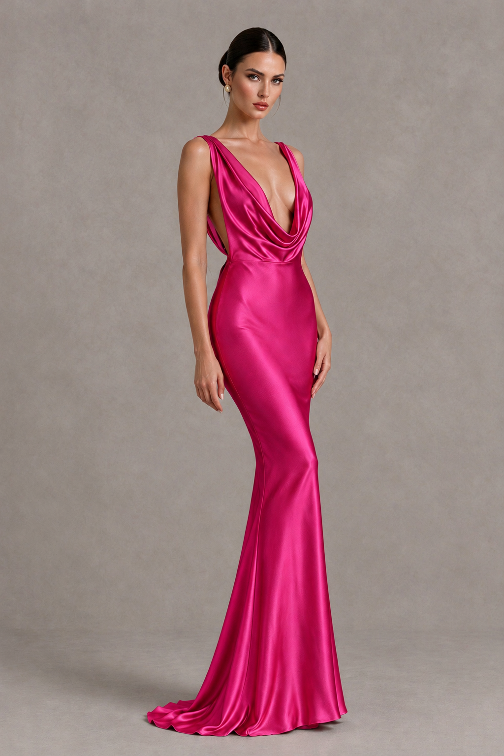 BOLODOO Hot Pink Cowl Neck Backless Satin Mermaid Evening Dress - Hot Pink - Hot Pink_3
