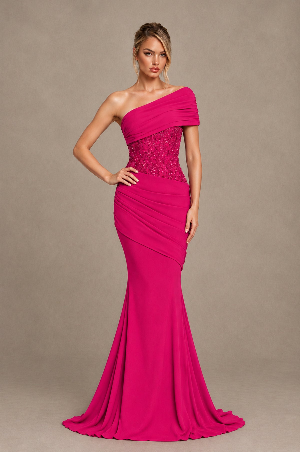 BOLODOO Hot Pink One-Shoulder Sequin Embroidered Ruched Mermaid Gown with Train - Hot Pink - Hot Pink_3