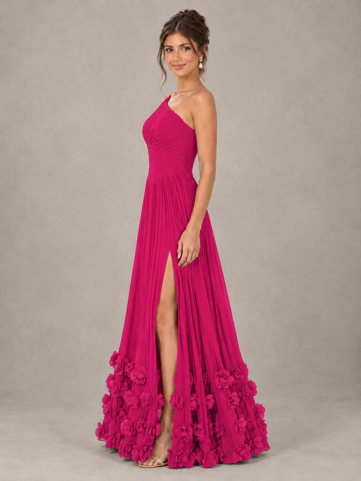 BOLODOO Hot Pink One-Shoulder Pleated Bridesmaid Dress with 3D Floral Hem - Hot Pink - Hot Pink_3