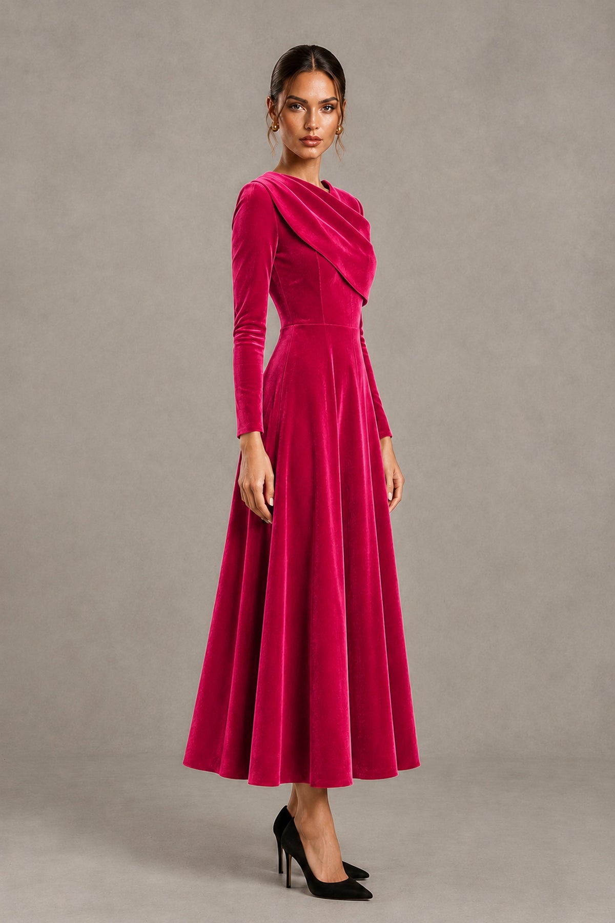 BOLODOO Hot Pink Velvet-Look Long Sleeve Tea-Length A-Line Dress with Draped Neckline - Hot Pink - Hot Pink_3