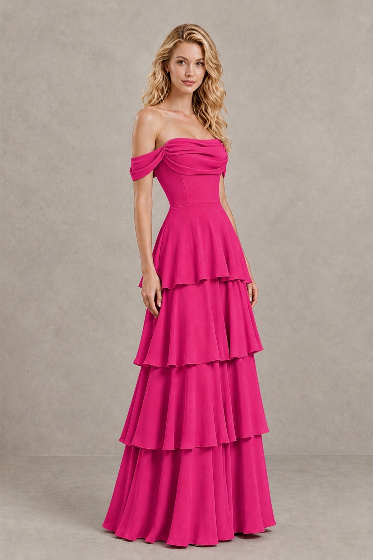 BOLODOO Hot Pink Off-the-Shoulder Tiered A-Line Evening Bridesmaid Dress - Hot Pink - Hot Pink_3