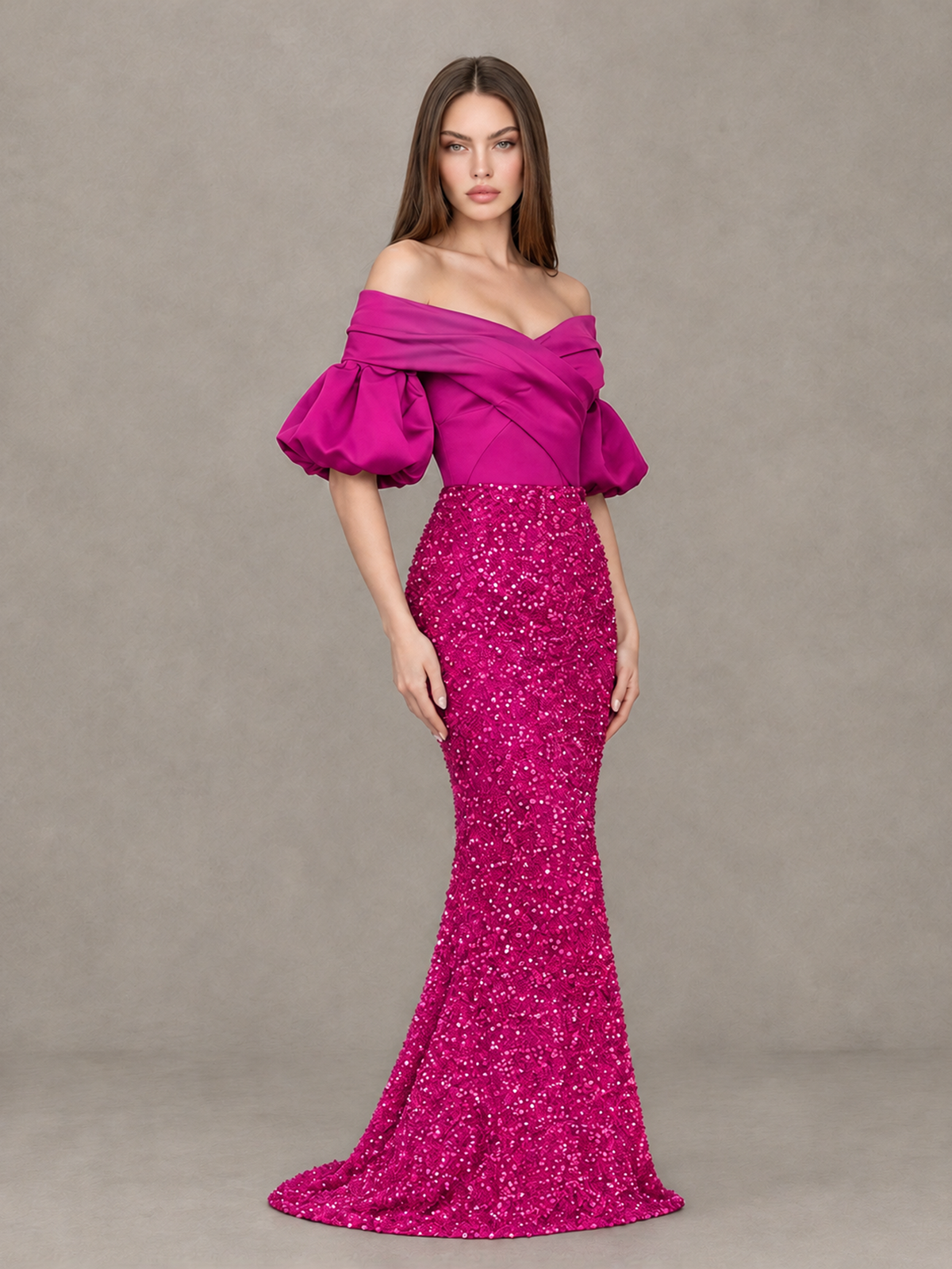 BOLODOO Hot Pink Off-Shoulder Puff Sleeve Sequin Mermaid Evening Dress - Hot Pink - Hot Pink_3