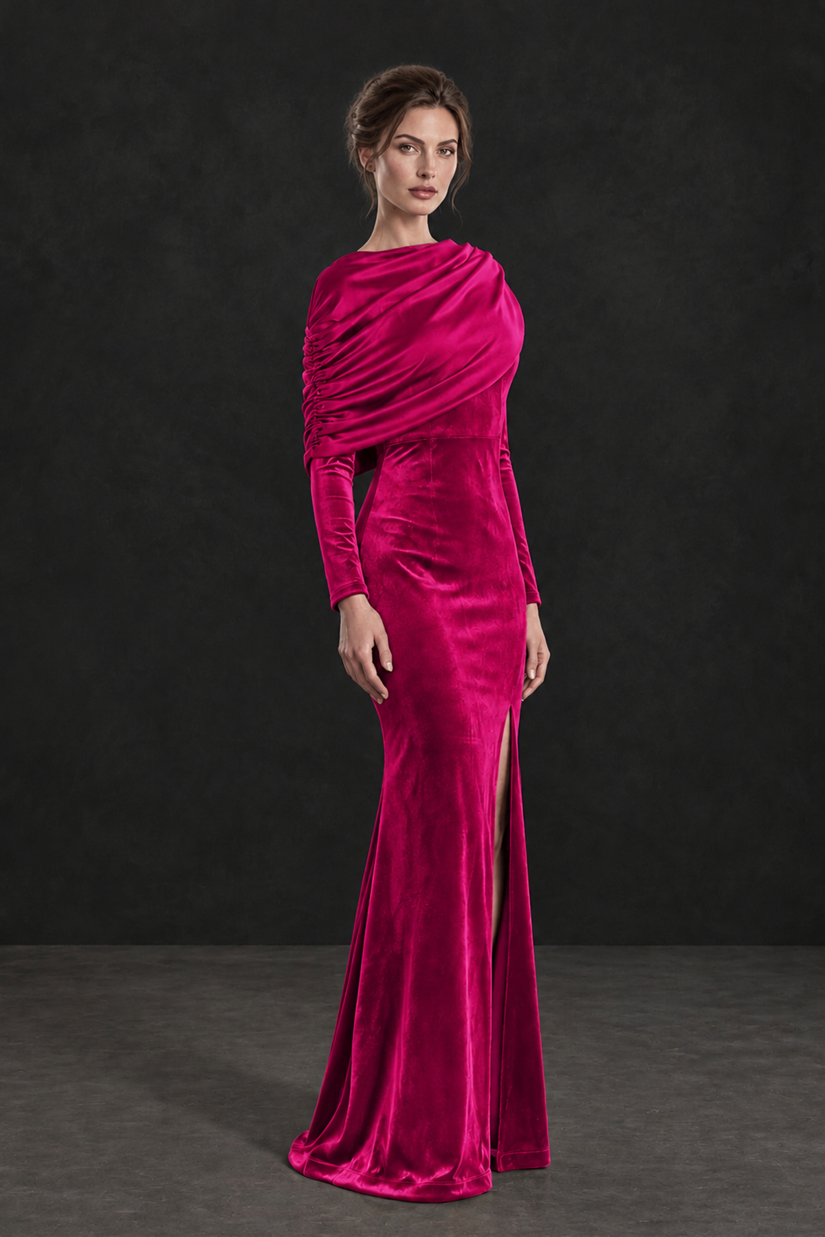 BOLODOO Hot Pink Velvet Long Sleeve Draped Mother of the Bride Dress - Hot Pink - Hot_Pink_3