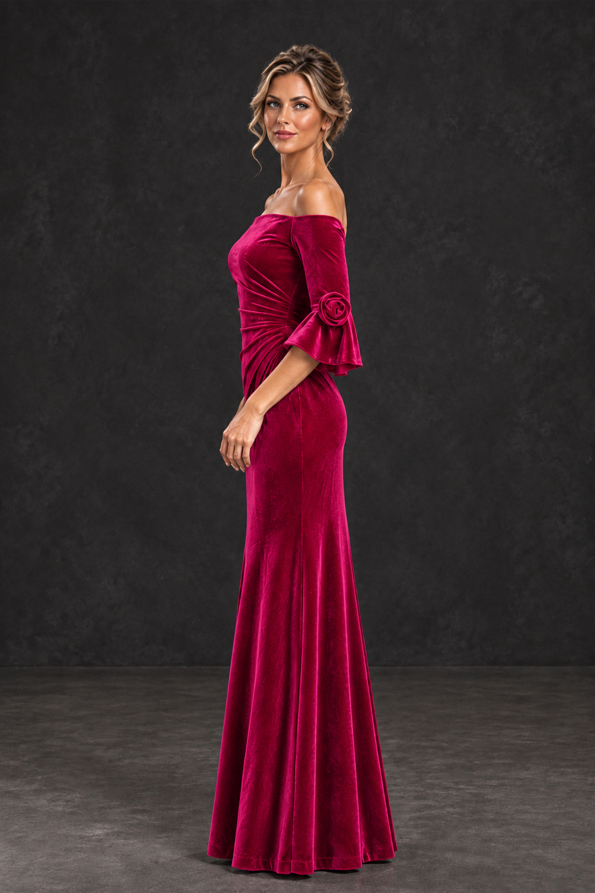 BOLODOO Hot Pink Velvet Off-Shoulder Mother of the Bride Dress – 3/4 Floral Cuff Sleeve Mermaid Evening Gown - Hot Pink - Hot Pink_3