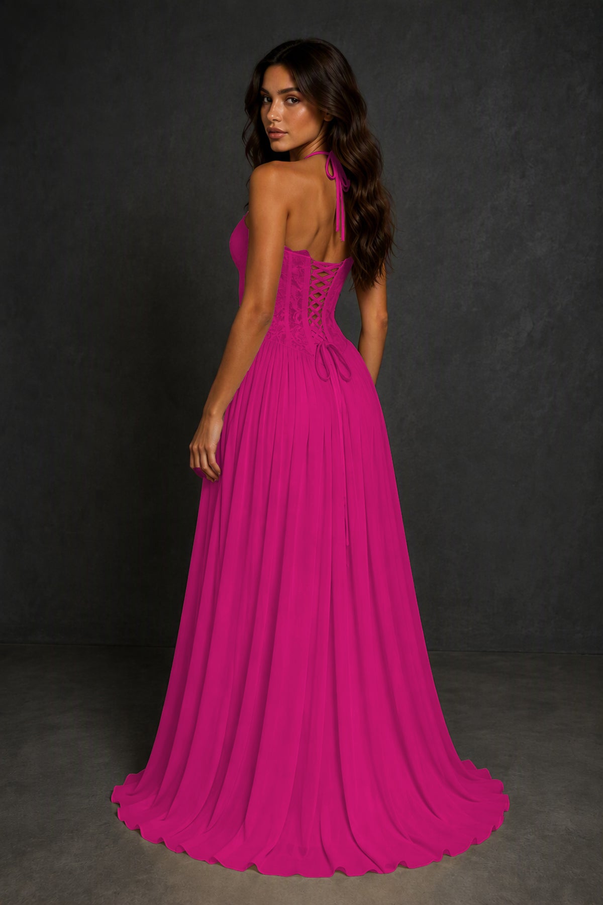 BOLODOO Hot Pink Lace Corset Halter Maxi Gown – Backless A-Line Formal Dress - Hot Pink