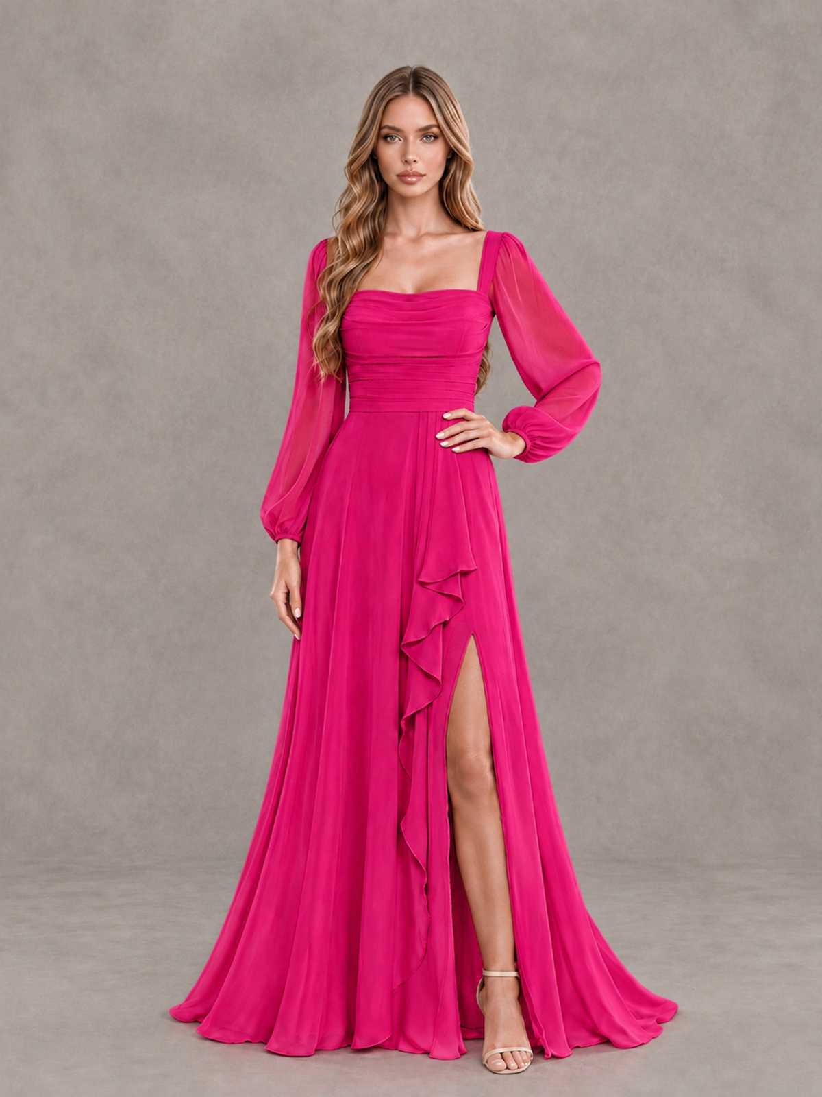 BOLODOO Hot Pink Square Neck Long Sleeve Bridesmaid Dress with Ruffle Slit - Hot Pink - Hot Pink_3